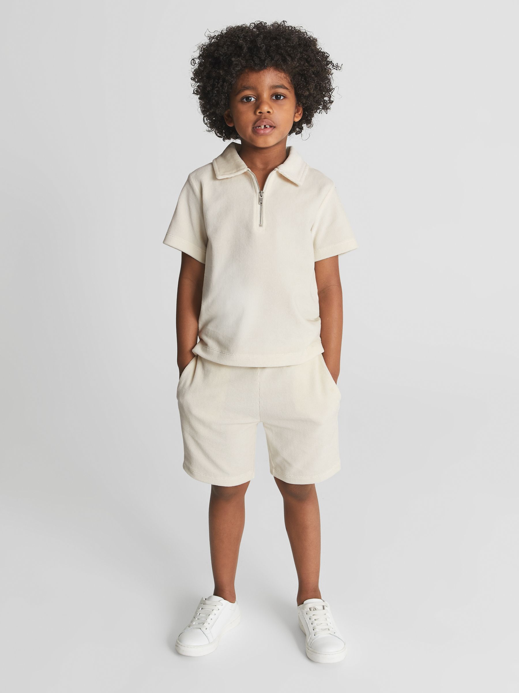 Velour Zip Neck Polo T-Shirt in Ecru - Image 4 of 6