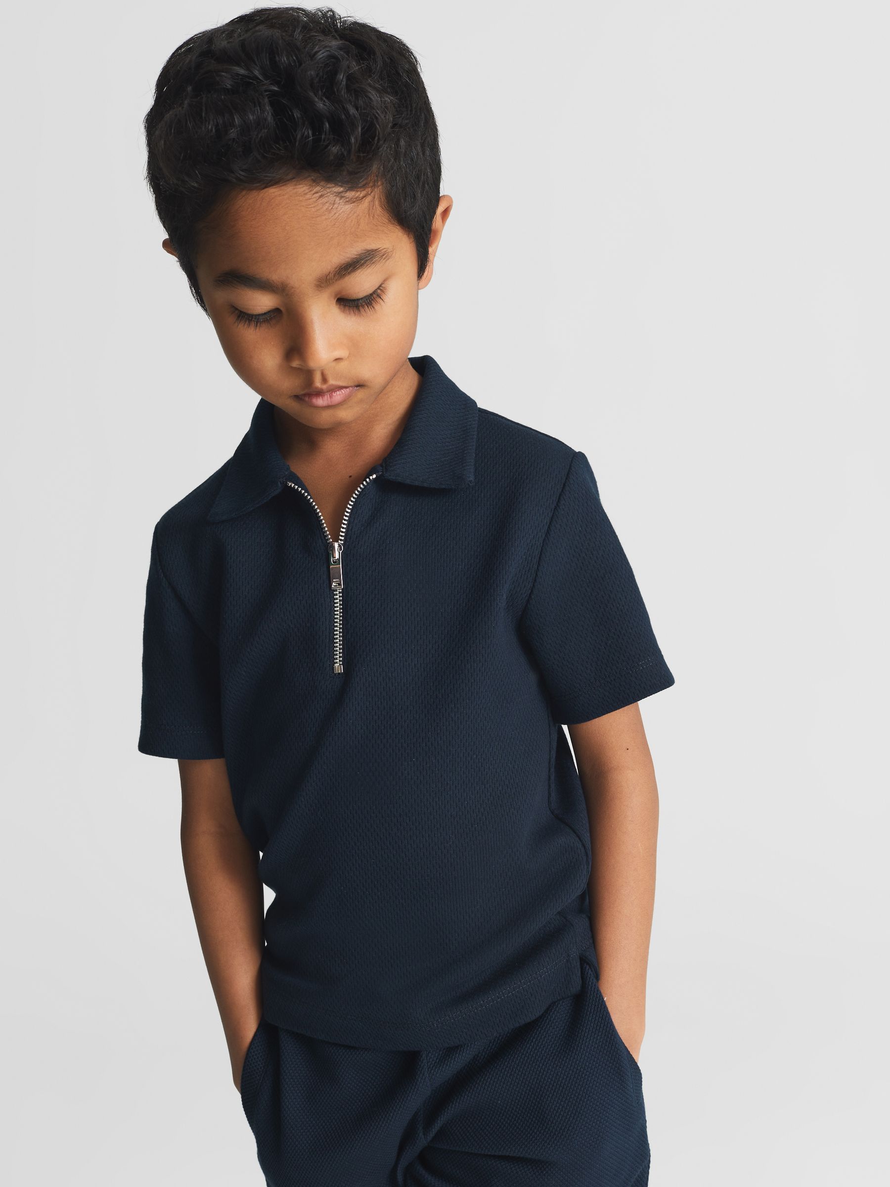 Half Zip Textured Polo T-Shirt in Navy - Image 1 of 5 Half Zip Textured Polo T-Shirt in Navy - Image 1 of 5