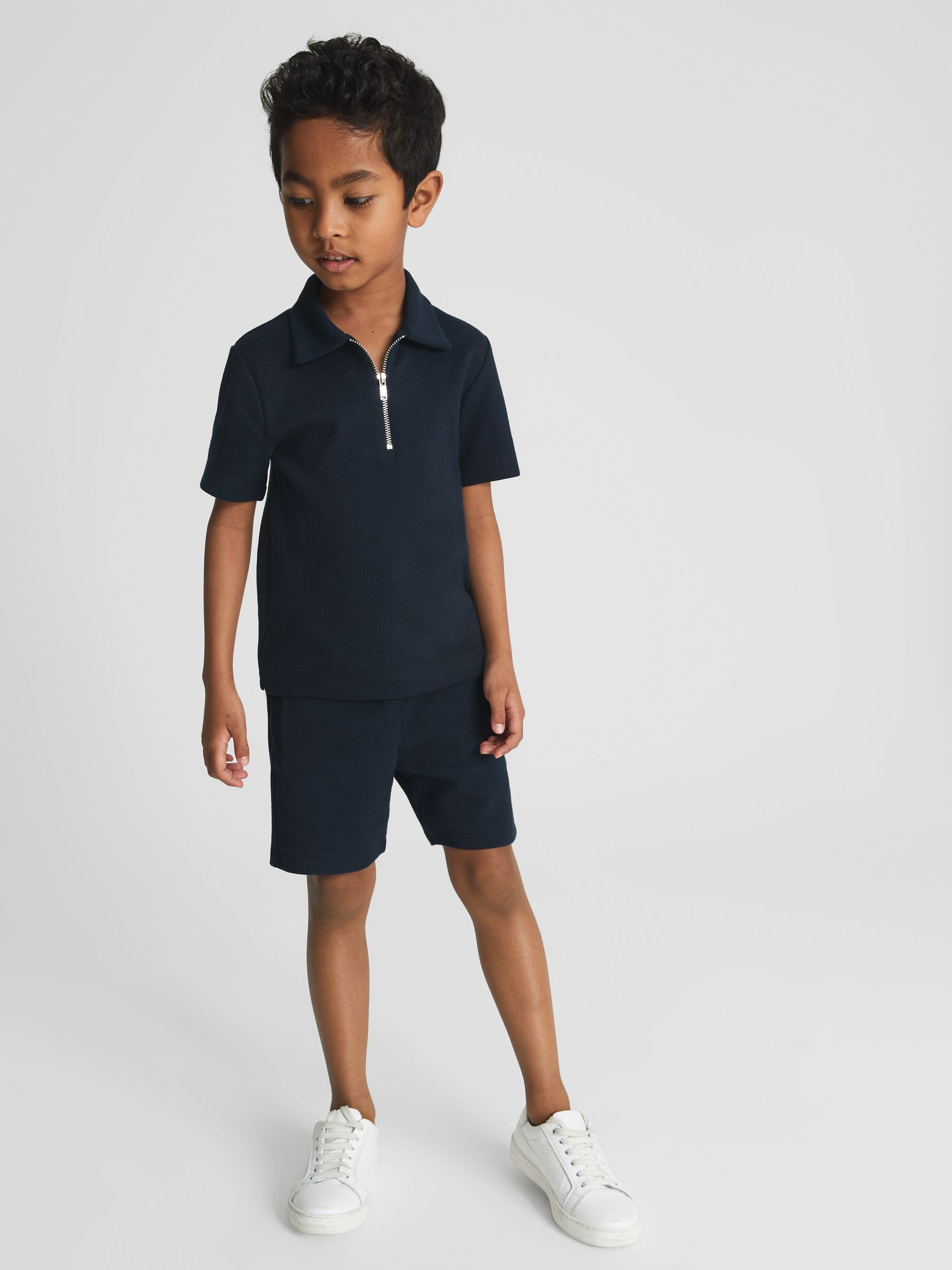 Half Zip Textured Polo T-Shirt in Navy - Image 3 of 5