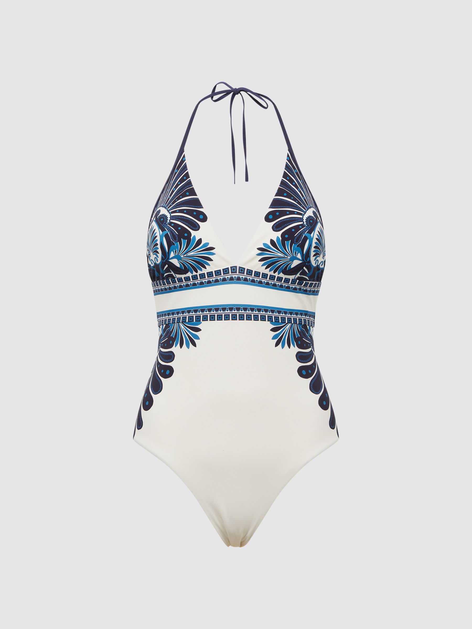 Printed Halter Neck Swimsuit in White Print - Image 2 of 5 Printed Halter Neck Swimsuit in White Print - Image 2 of 5