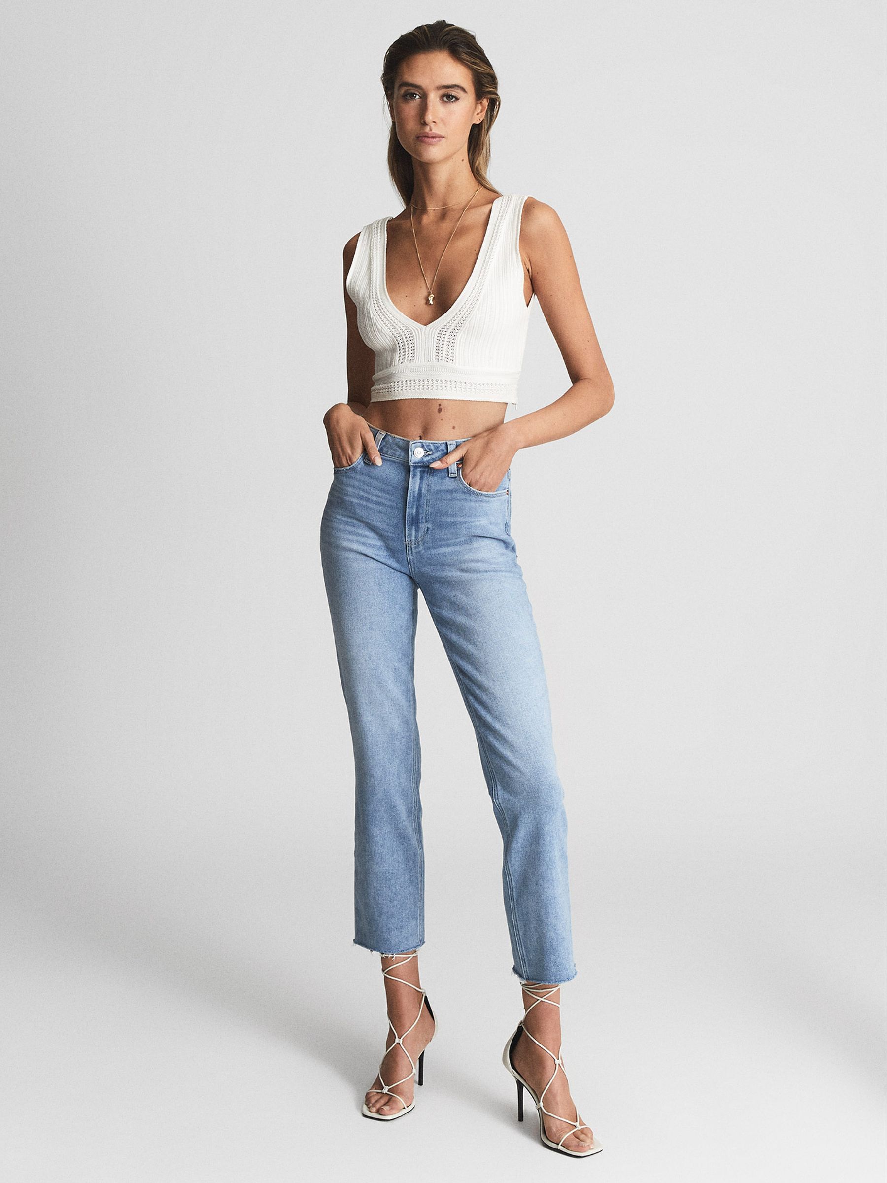 Paige Cindy Straight Leg Raw Hem Jeans in Pale Blue - Image 1 of 7 Paige Cindy Straight Leg Raw Hem Jeans in Pale Blue - Image 1 of 7