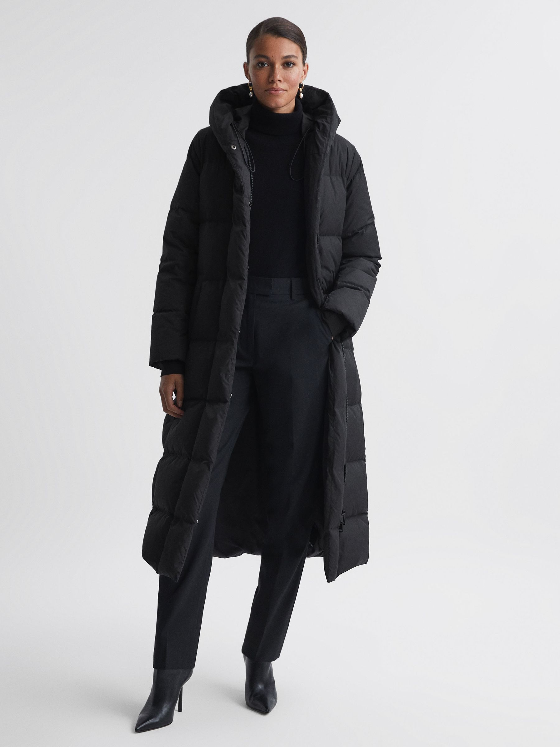 Long Belted Puffer Coat in Black - Image 1 of 6