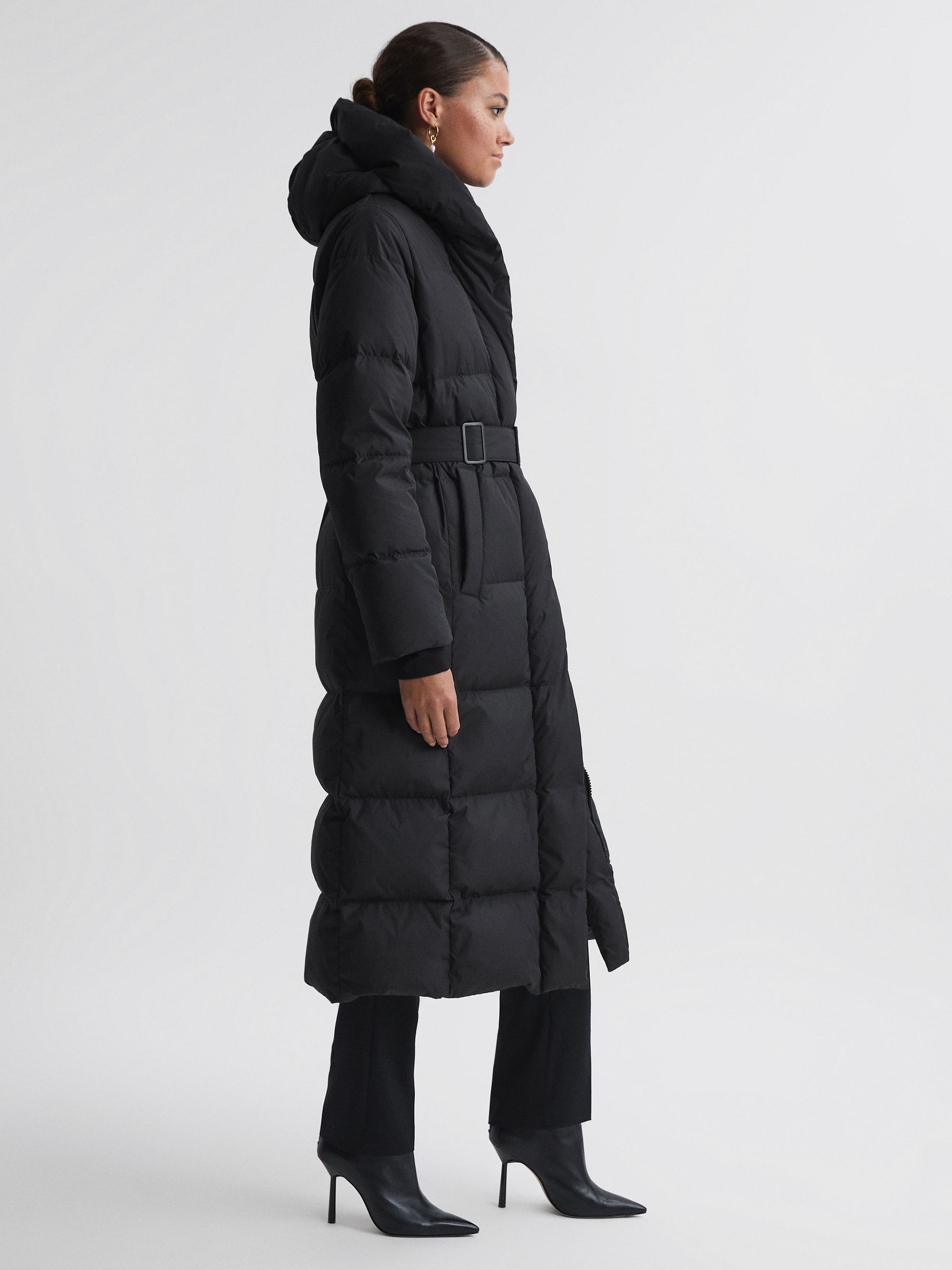 Long Belted Puffer Coat in Black - Image 4 of 6