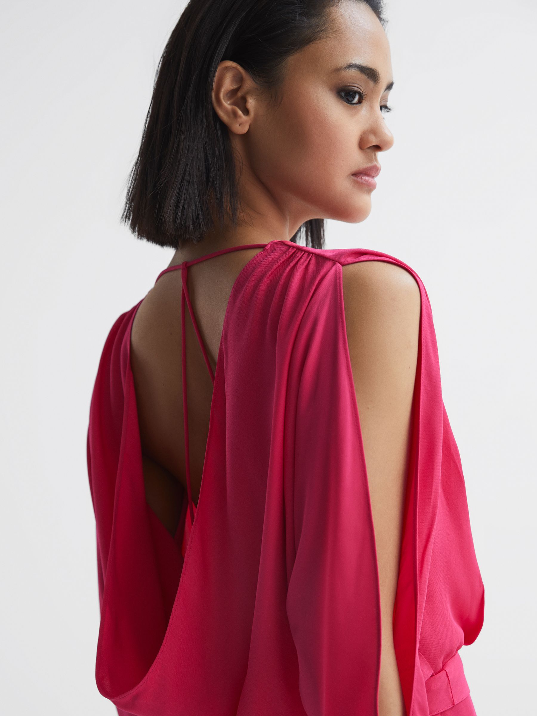 Open Back Split Sleeve Mini Dress in Bright Pink - Image 4 of 5