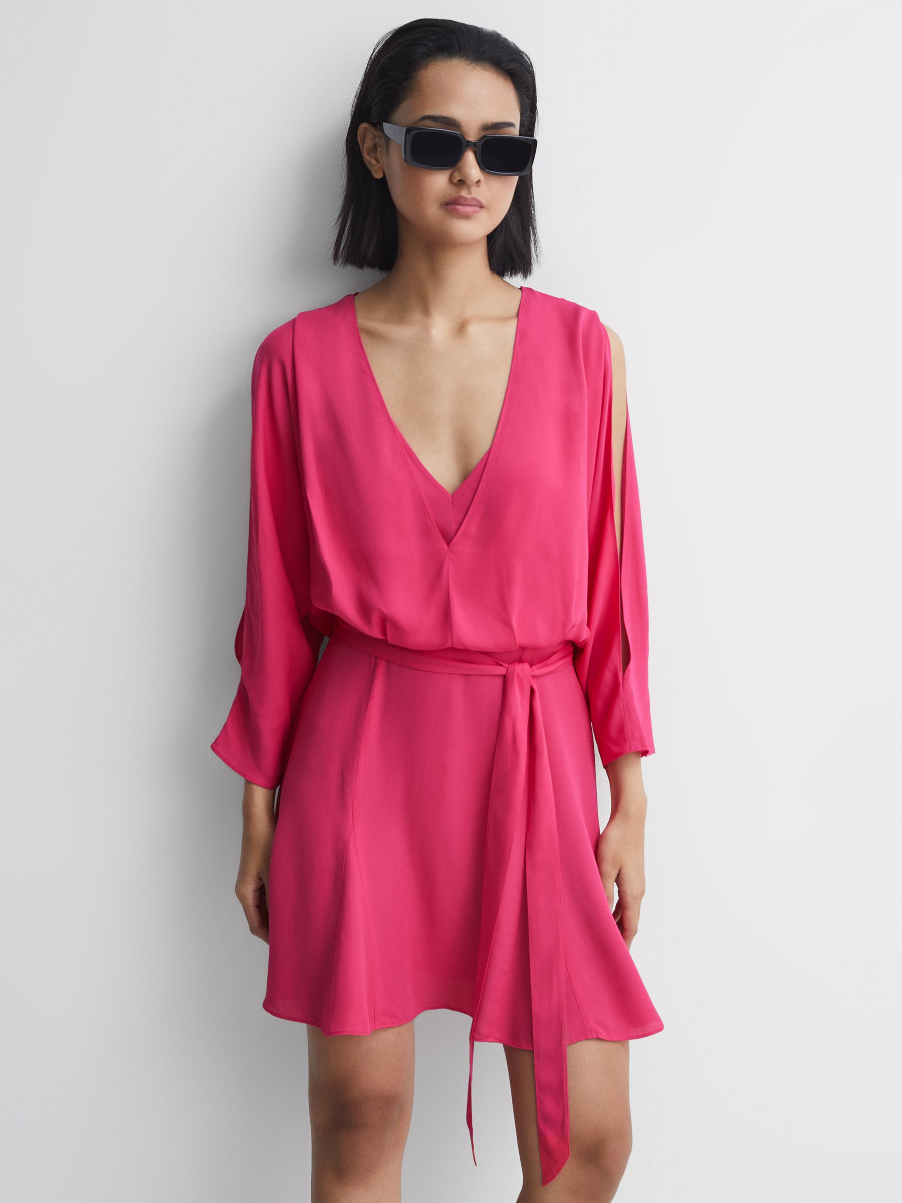 Open Back Split Sleeve Mini Dress in Bright Pink - Image 5 of 5