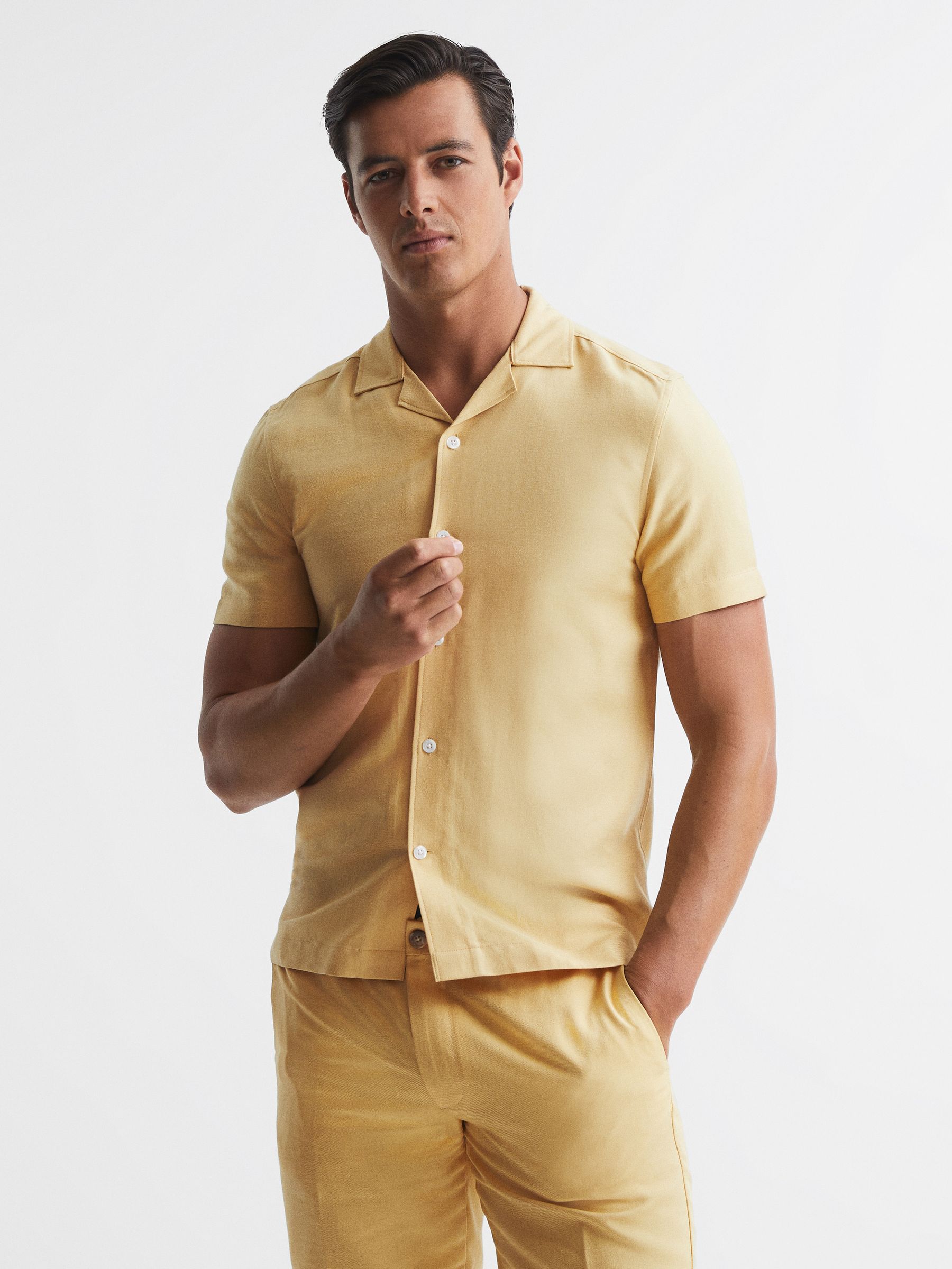 Linen Blend Cuban Collar Shirt in Lemon - Image 1 of 6
