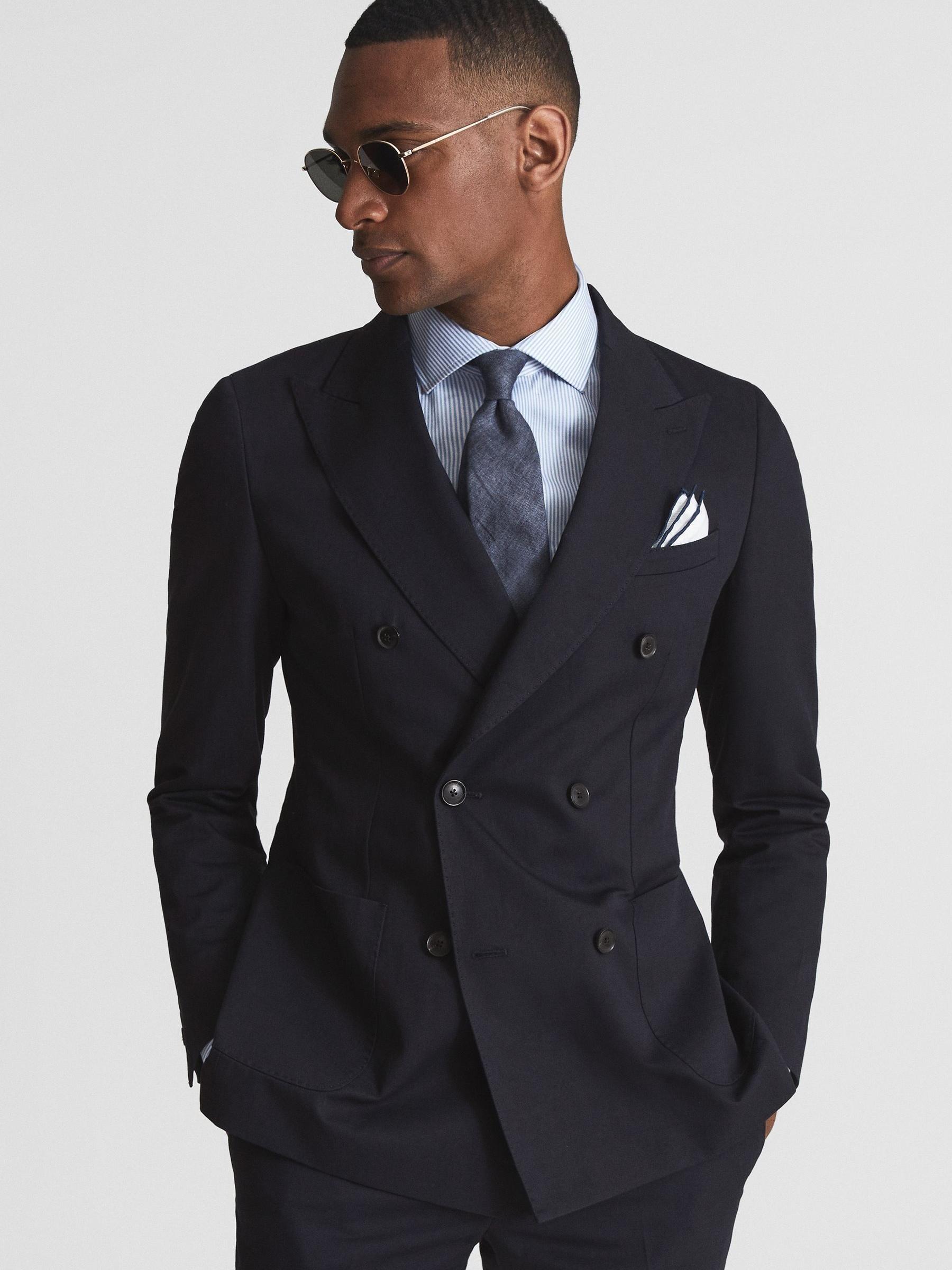 Class Navy Double Breasted Cotton-Linen Slim Fit Blazer - Image 1 of 7