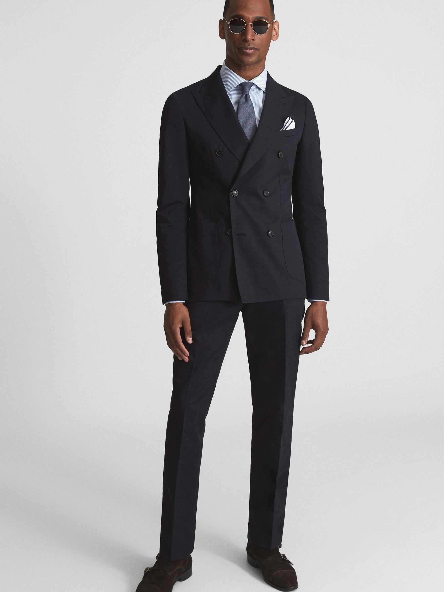 Class Navy Double Breasted Cotton-Linen Slim Fit Blazer - Image 3 of 7
