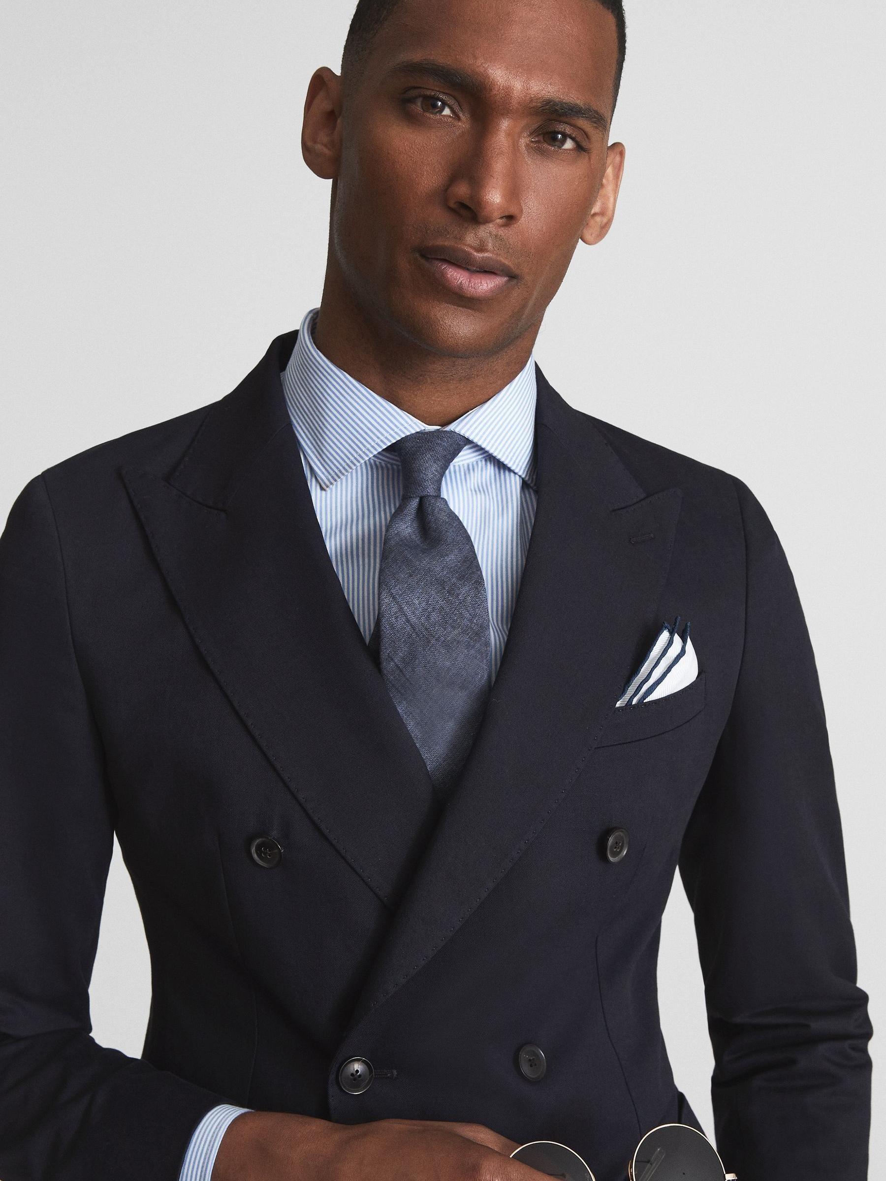 Class Navy Double Breasted Cotton-Linen Slim Fit Blazer - Image 4 of 7