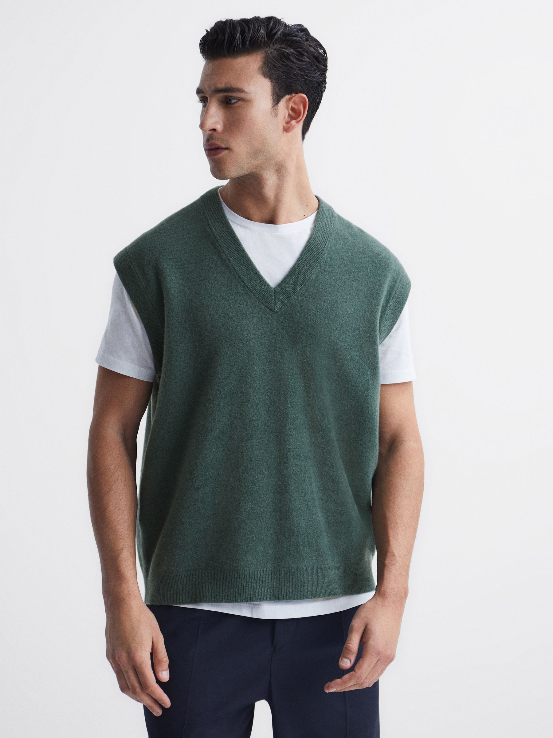 Wool Blend Sleeveless Knitted Vest in Pine Green - Image 1 of 7