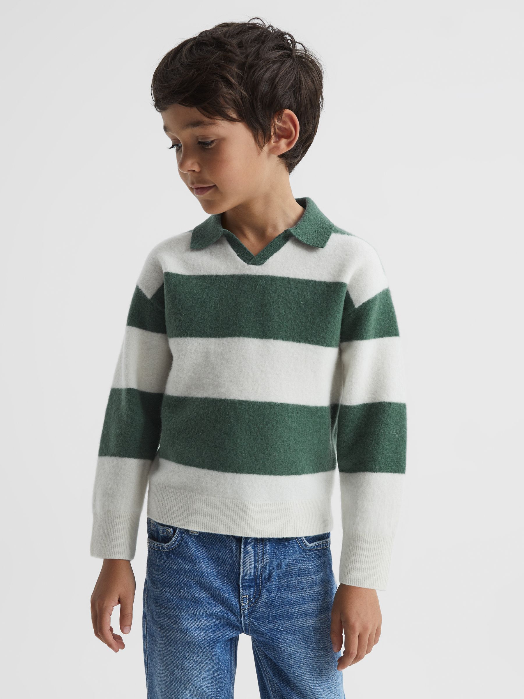 Junior Striped Wool Jumper in Pine Green/Ecru - Image 1 of 1 Junior Striped Wool Jumper in Pine Green/Ecru - Image 1 of 1