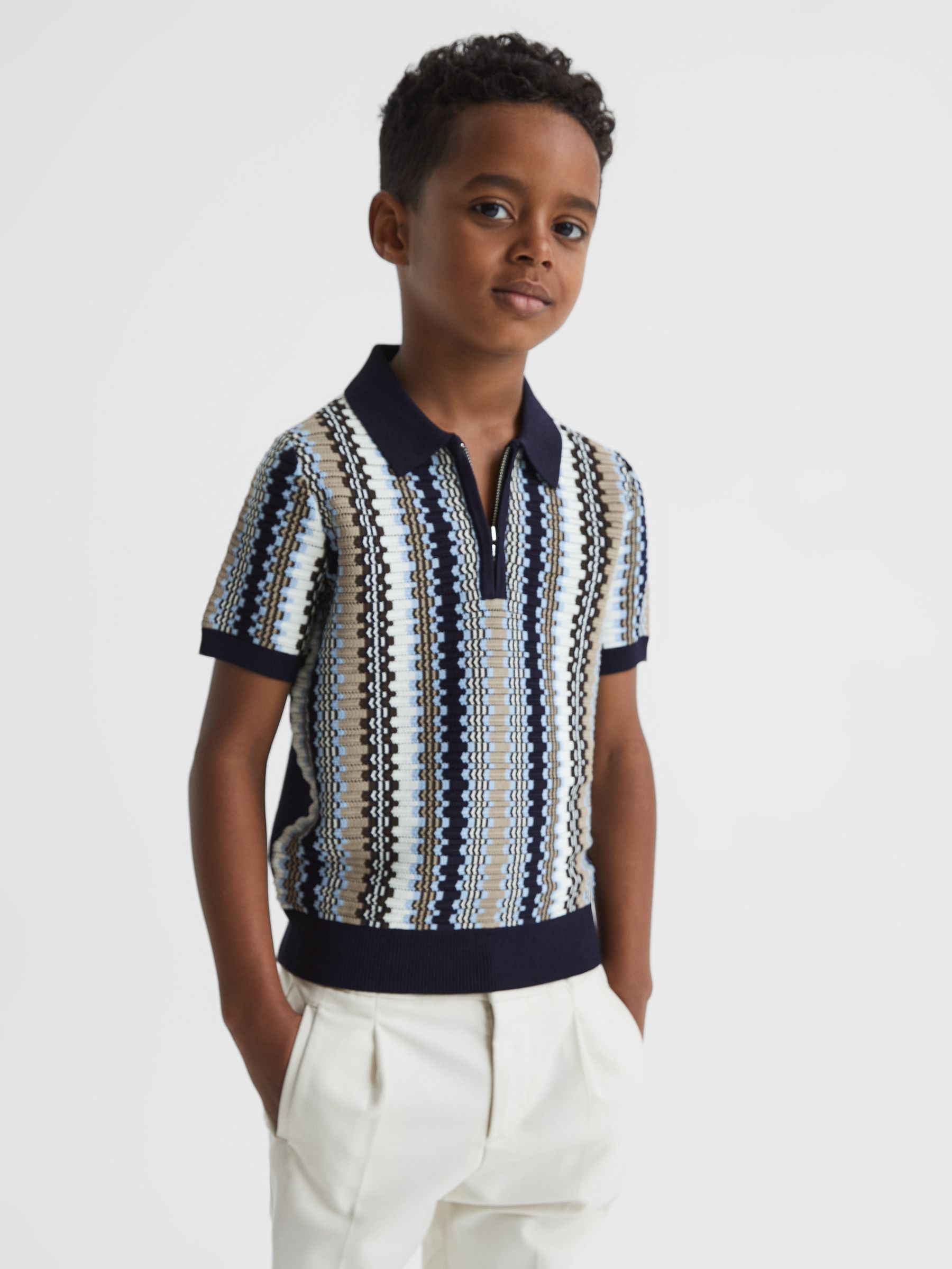 Junior Half-Zip Stripe Knitted Polo Shirt in Navy - Image 1 of 6