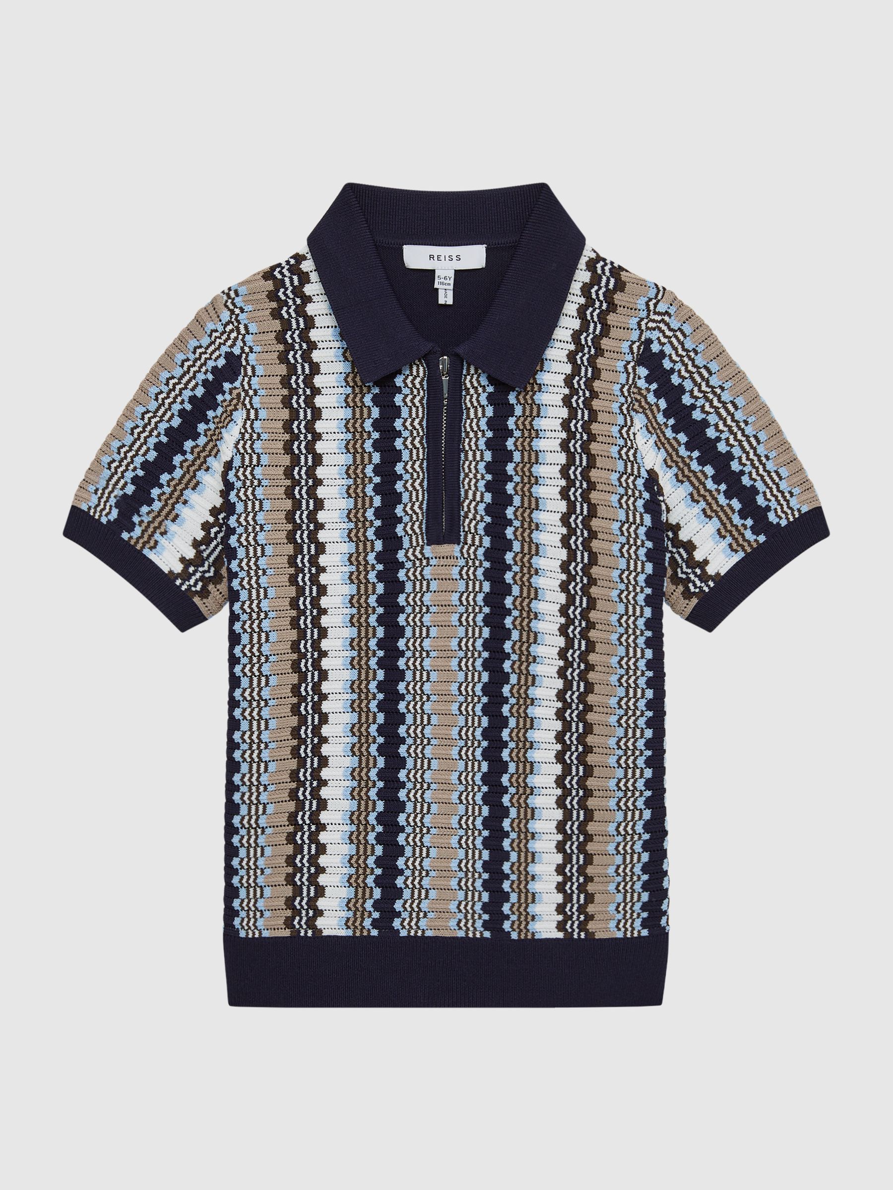 Junior Half-Zip Stripe Knitted Polo Shirt in Navy - Image 2 of 6
