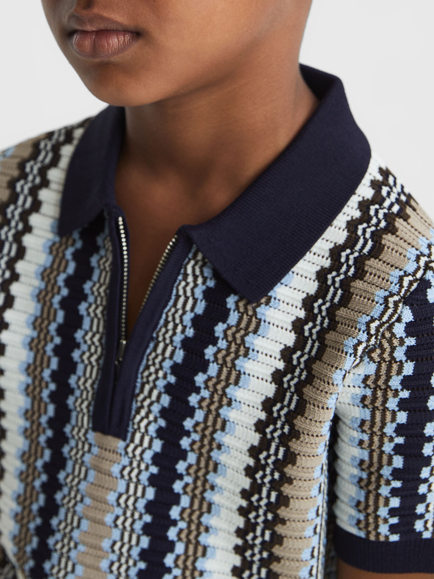 Junior Half-Zip Stripe Knitted Polo Shirt in Navy - Image 4 of 6