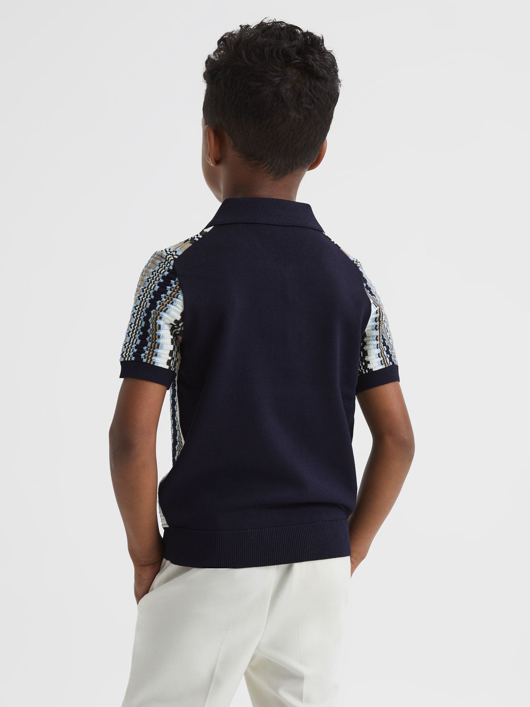 Junior Half-Zip Stripe Knitted Polo Shirt in Navy - Image 5 of 6