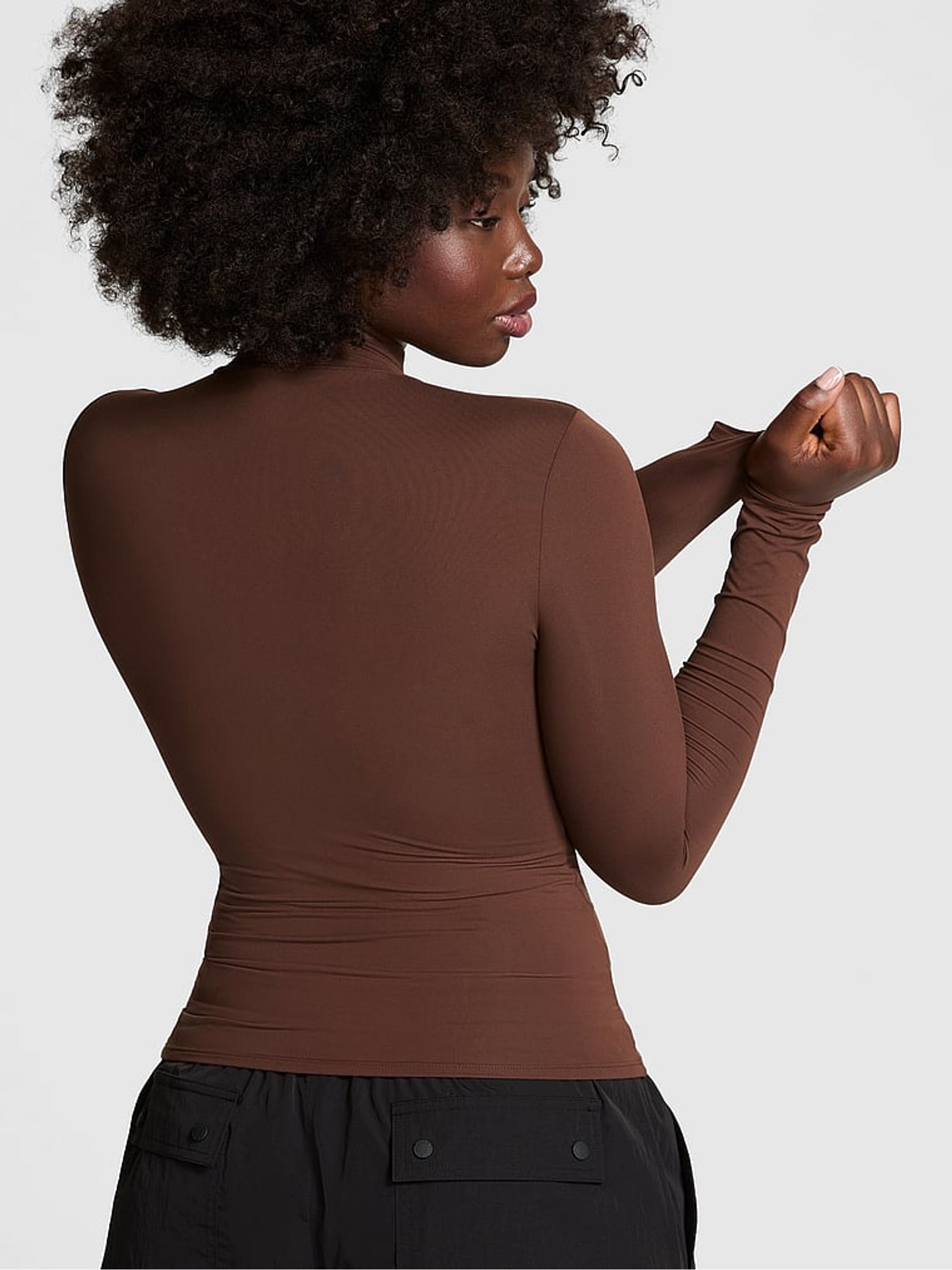 Ganache Brown Mock Neck Soft Stretch T-Shirt - Image 2 of 3