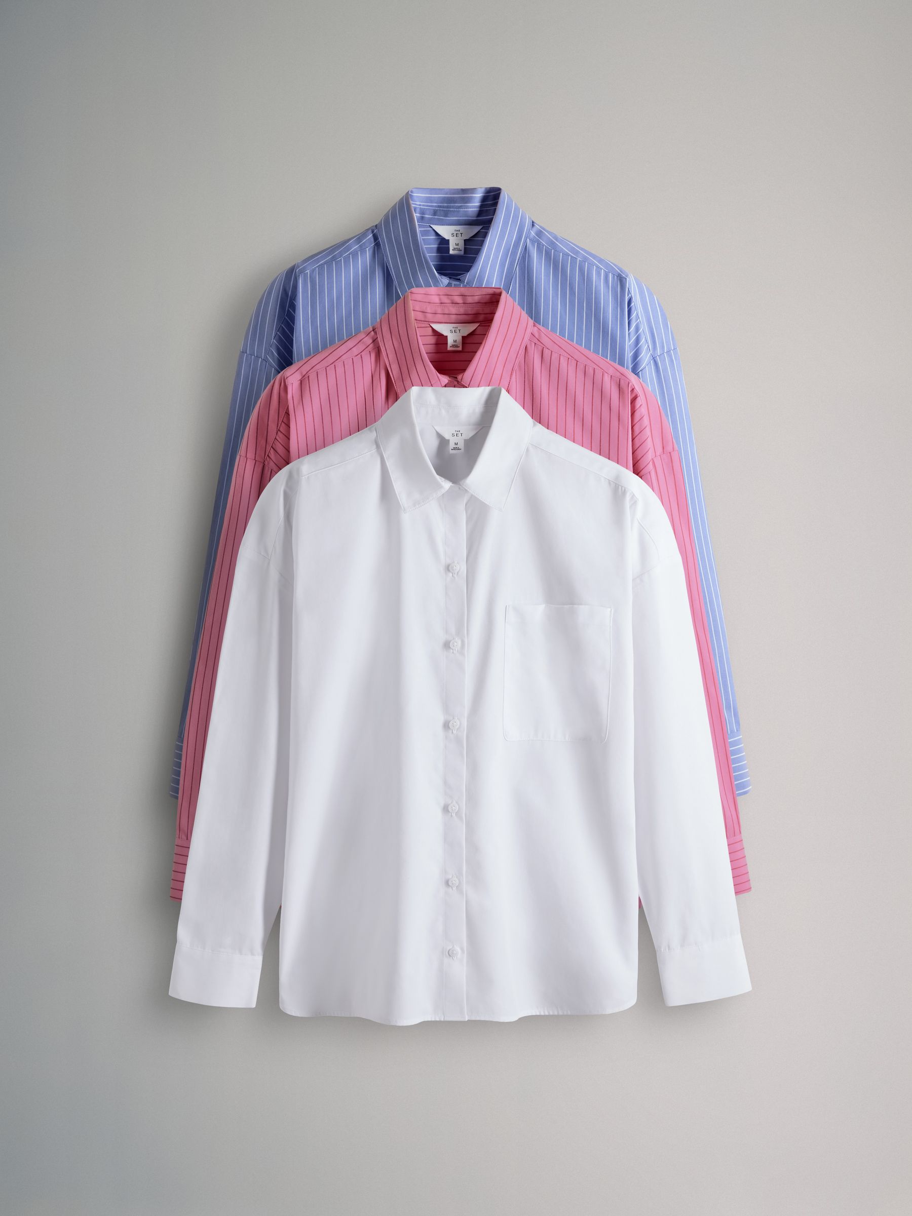 Blue Stripe/Pink Stripe/White 3 Pack Cotton Poplin Button Through Shirts - Image 2 of 13