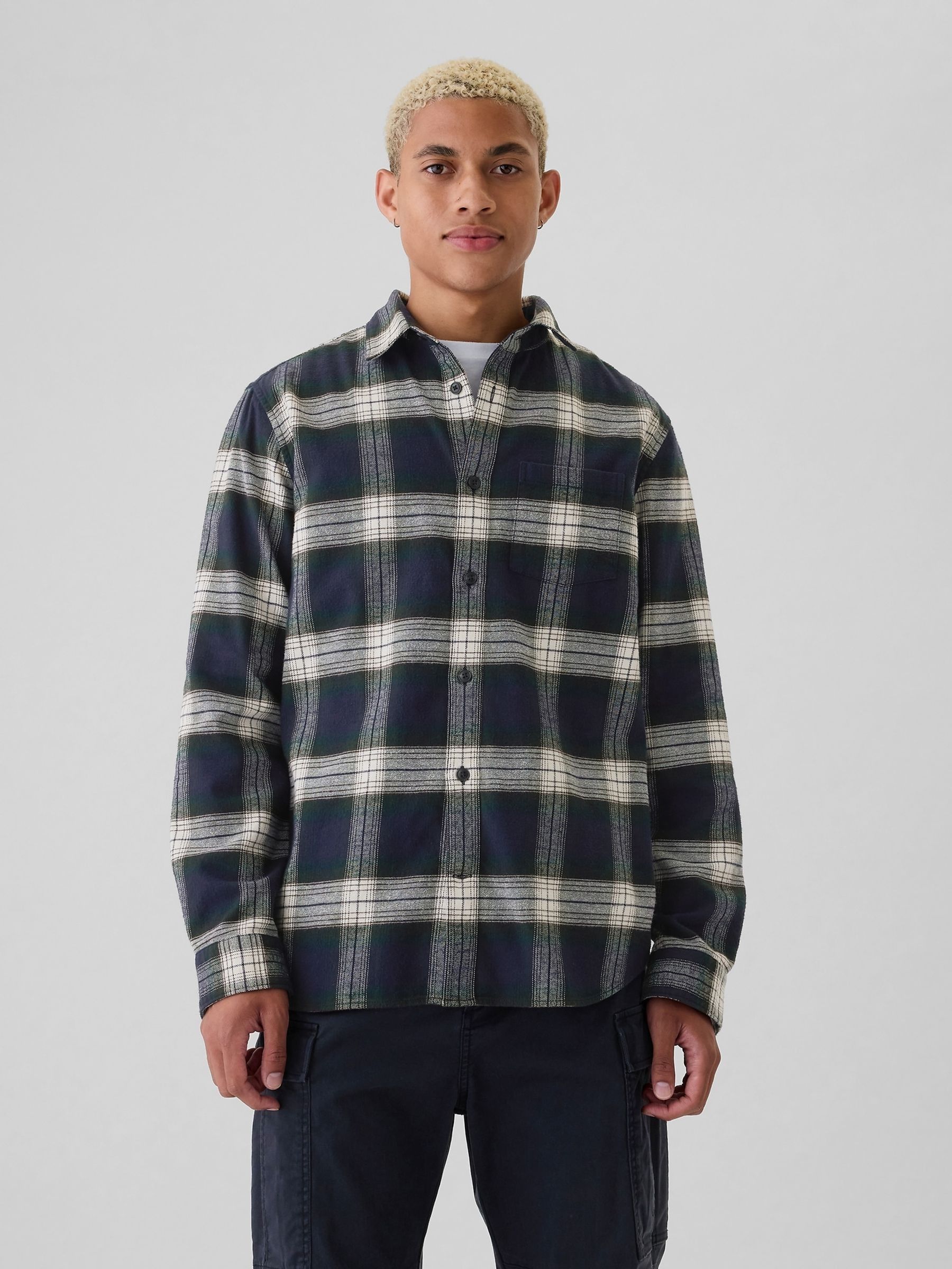 Navy Blue Midweight Cotton Long Sleeve Flannel Shirt - Image 1 of 1