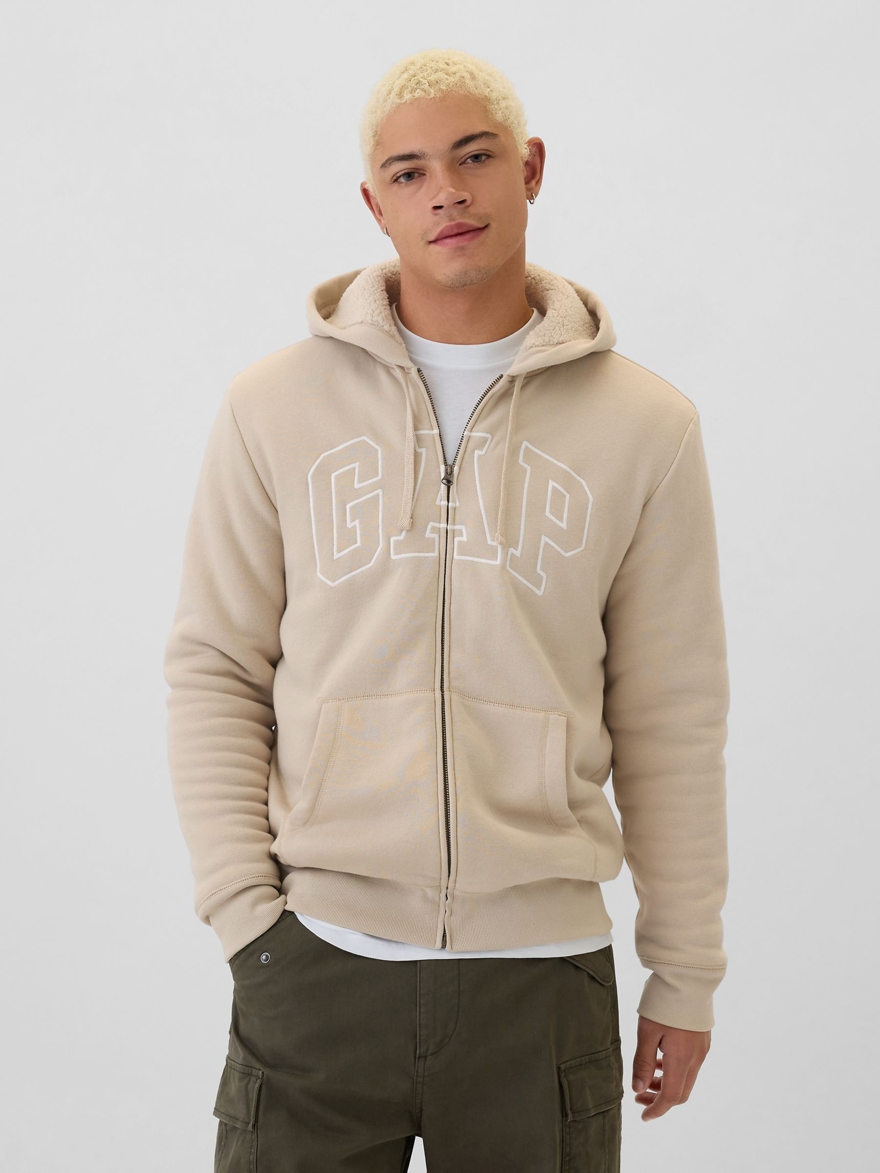 Beige Logo Sherpa-Lined Zip Up Hoodie d Gap
