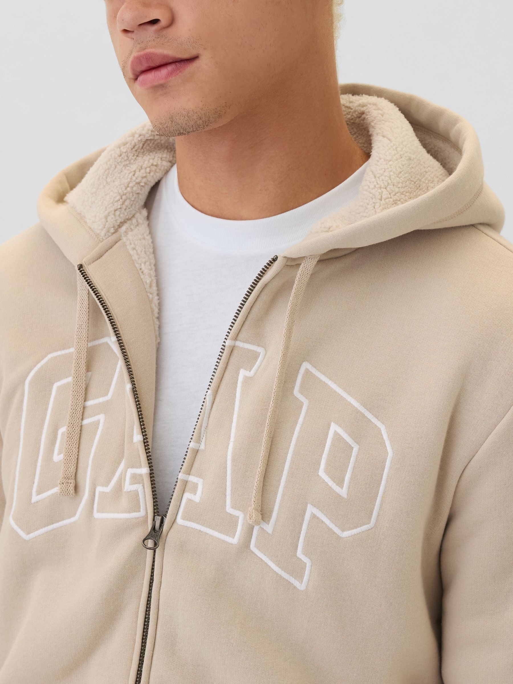 Beige Logo Sherpa-Lined Zip Up Hoodie d - Image 4 of 5
