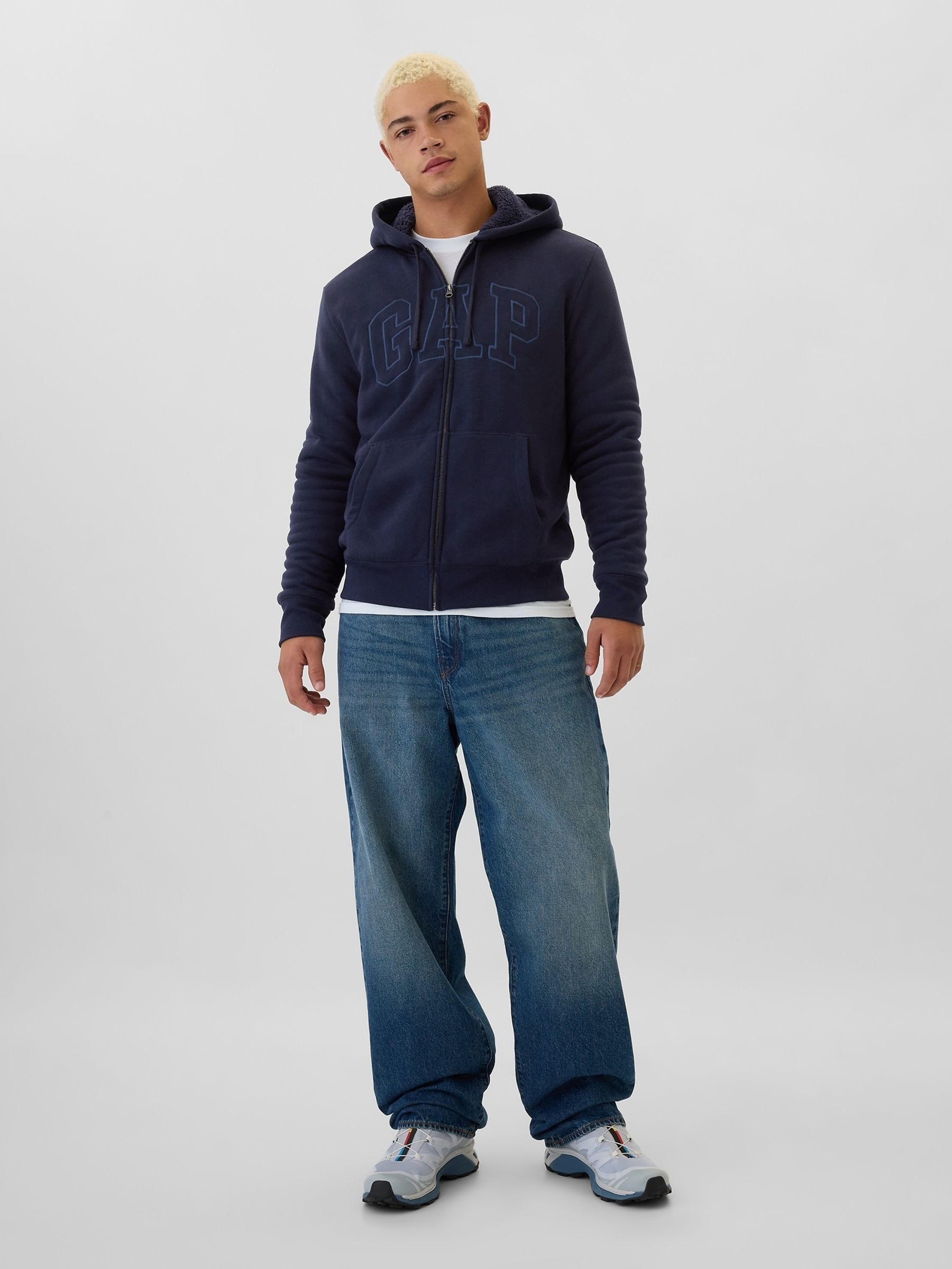 Navy blue Logo Sherpa-Lined Zip Up Hoodie d - Image 3 of 5