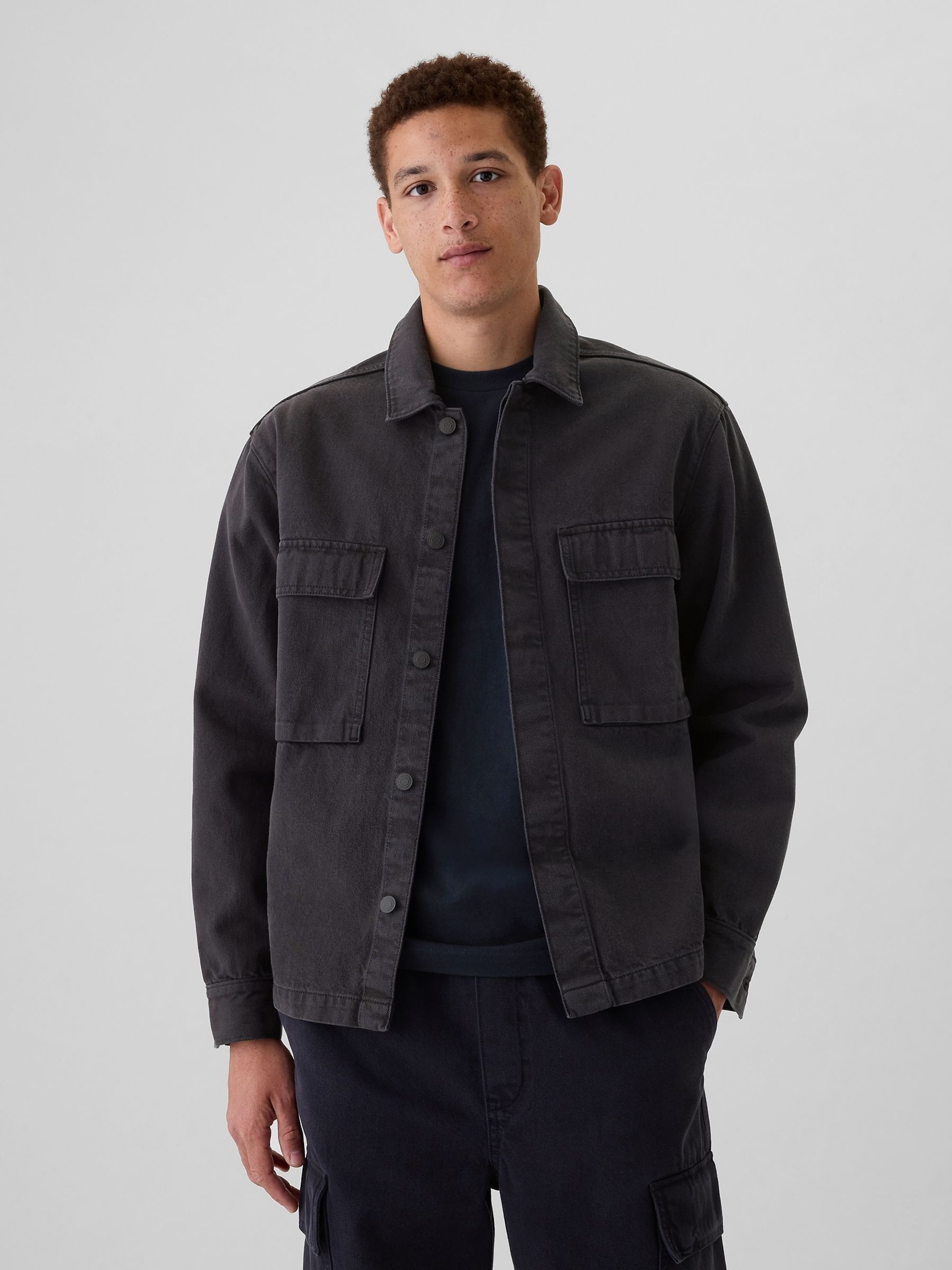 Black Denim Cargo Shirt Jacket - Image 1 of 5