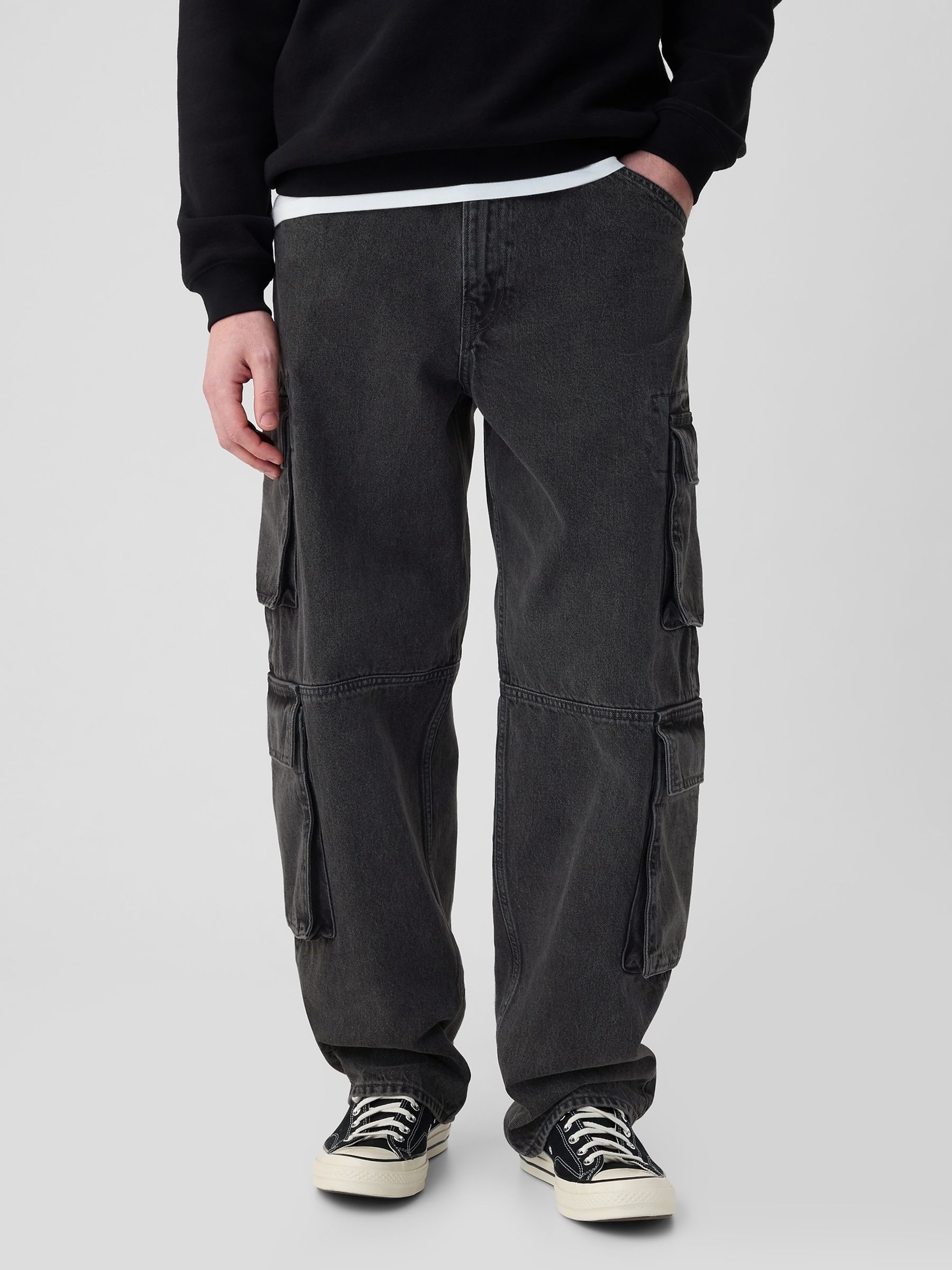 Black Loose Fit Double Pocket Cargo Jeans - Image 2 of 5