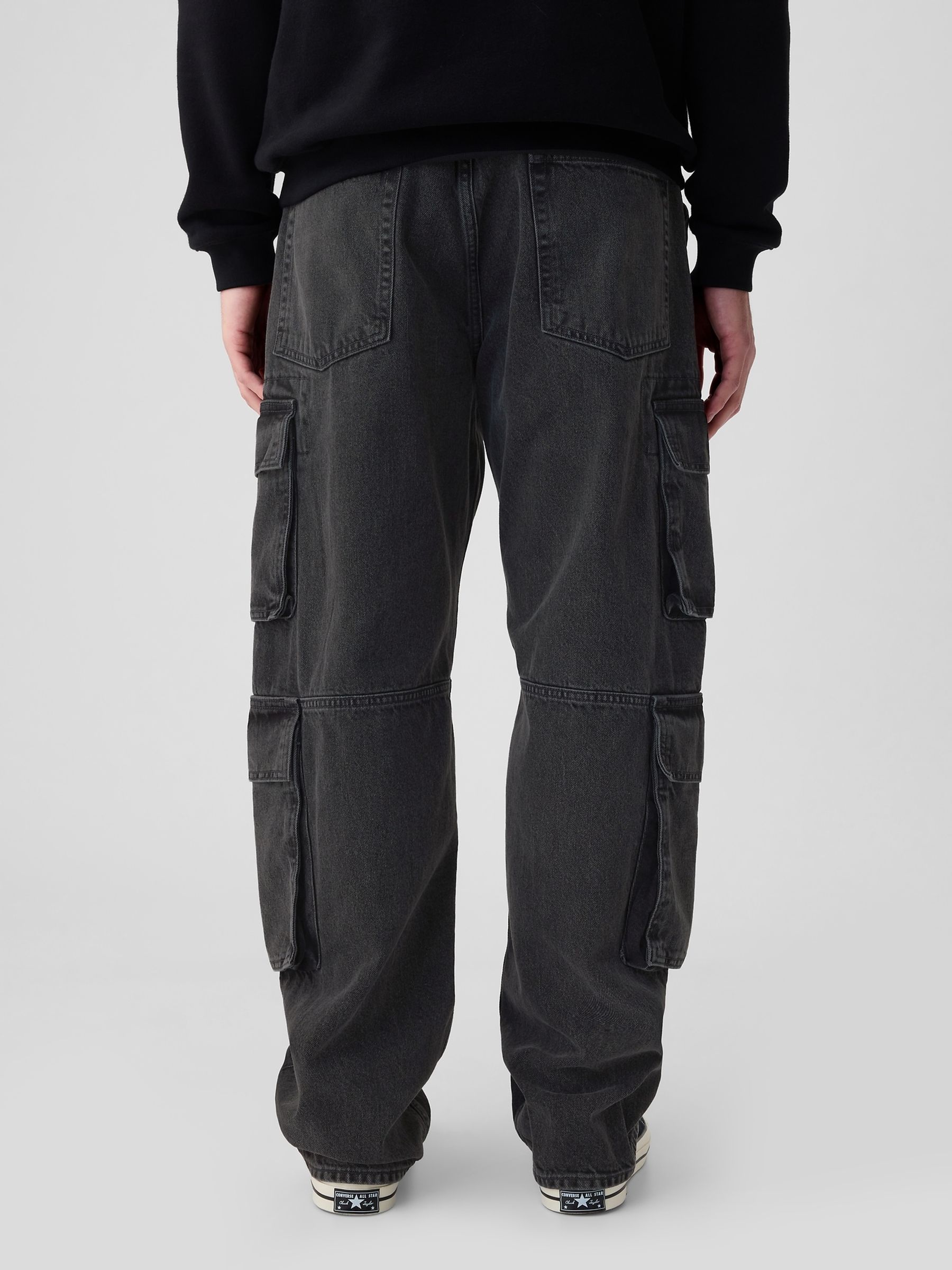 Black Loose Fit Double Pocket Cargo Jeans - Image 3 of 5