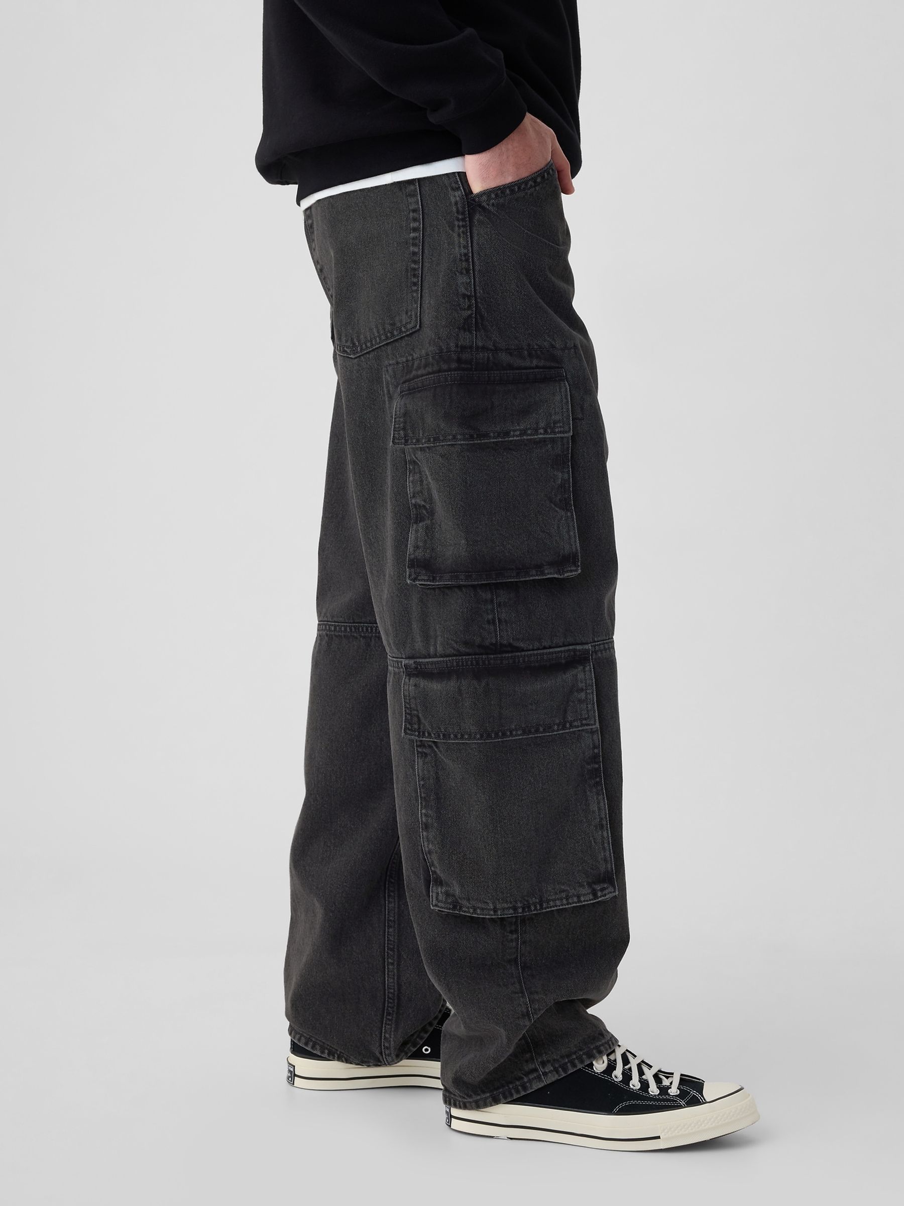 Black Loose Fit Double Pocket Cargo Jeans - Image 4 of 5
