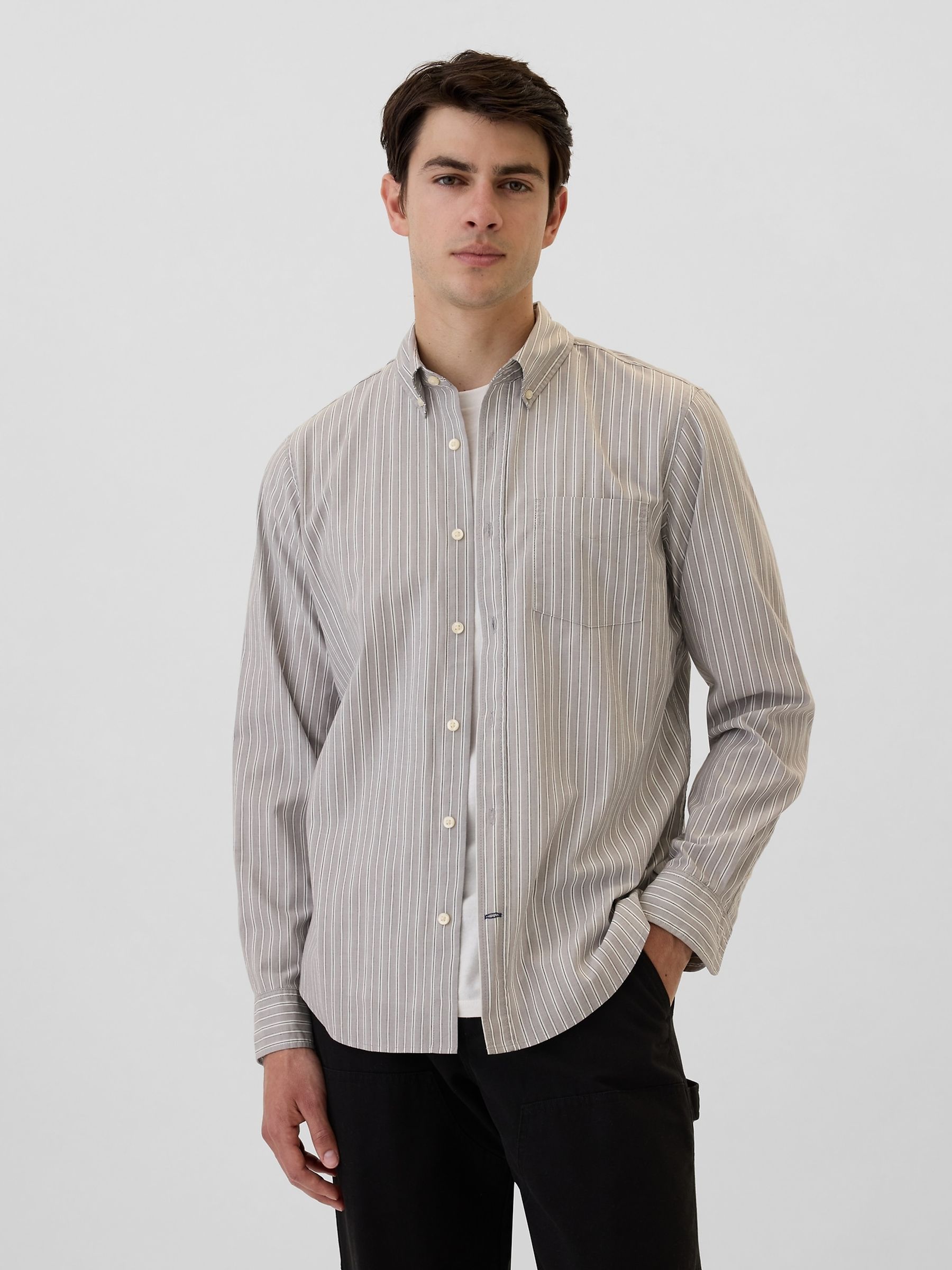 Grey Stripe Regular Fit Long Sleeve Poplin Shirt - Image 1 of 5