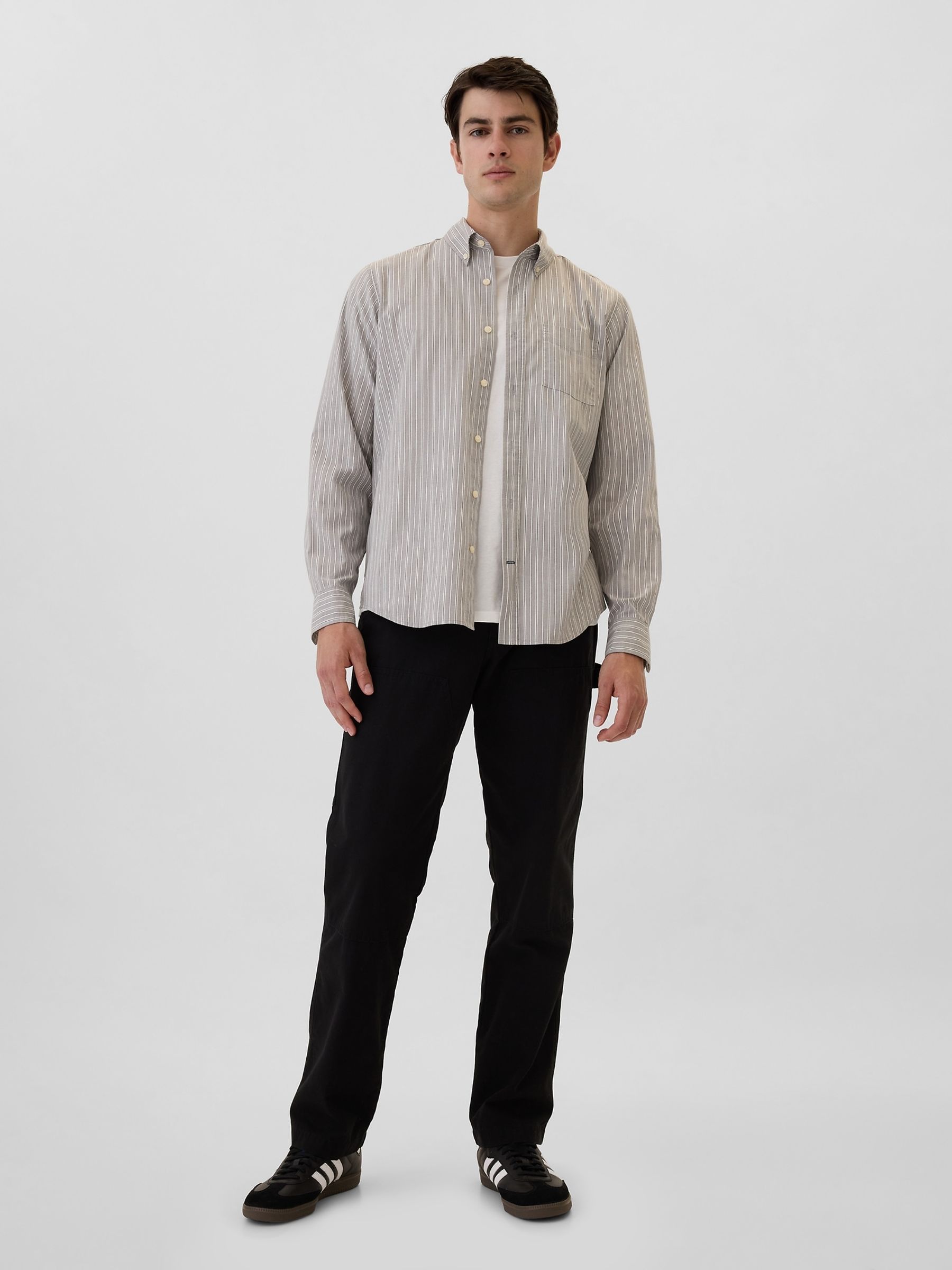 Grey Stripe Regular Fit Long Sleeve Poplin Shirt - Image 3 of 5