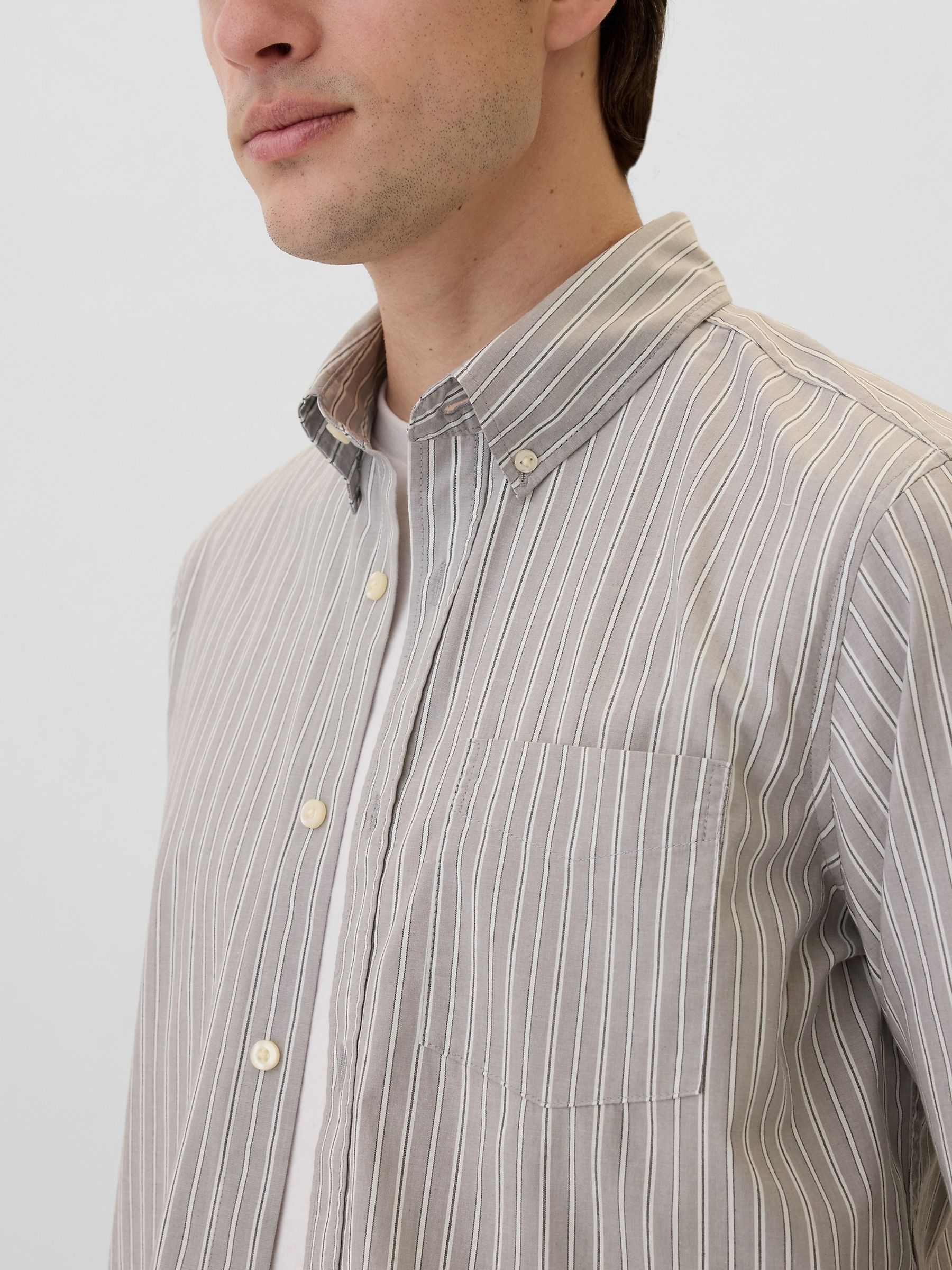 Grey Stripe Regular Fit Long Sleeve Poplin Shirt - Image 4 of 5