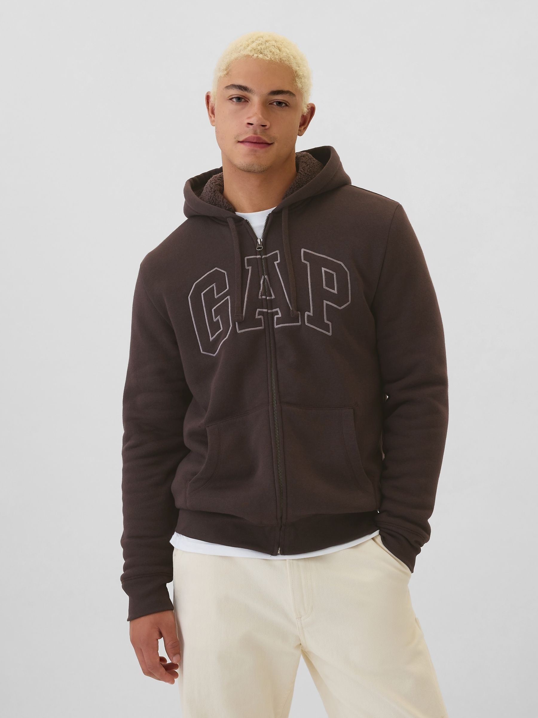 Brown Logo Sherpa-Lined Zip Up Hoodie d Gap