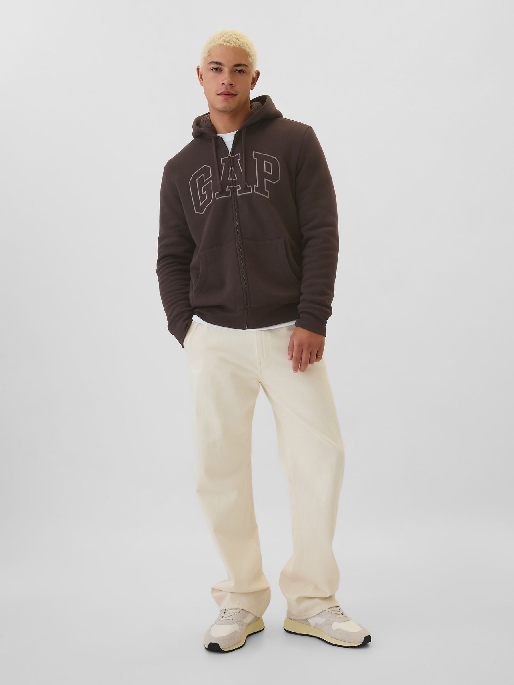 Brown Logo Sherpa-Lined Zip Up Hoodie d - Image 3 of 5