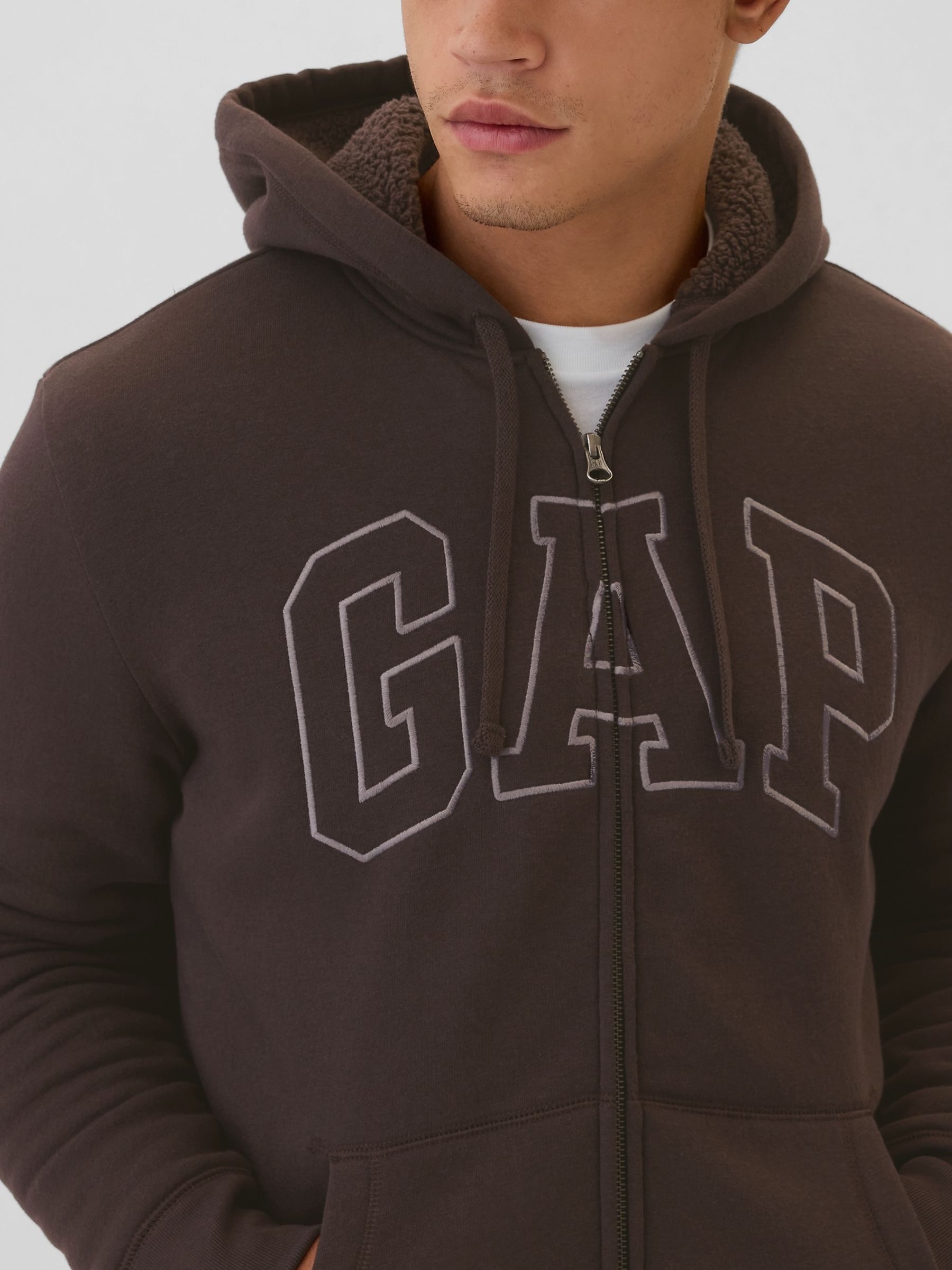 Brown Logo Sherpa-Lined Zip Up Hoodie d | Gap