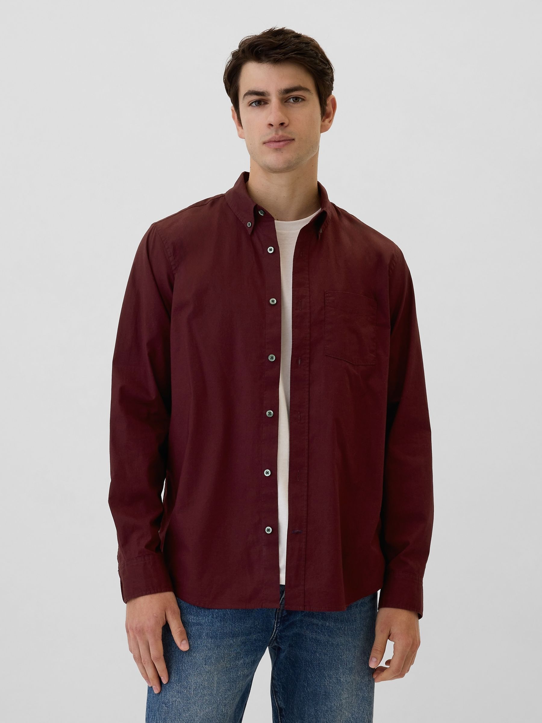 Burgundy Red Regular Fit Long Sleeve Poplin Shirt - Image 1 of 5