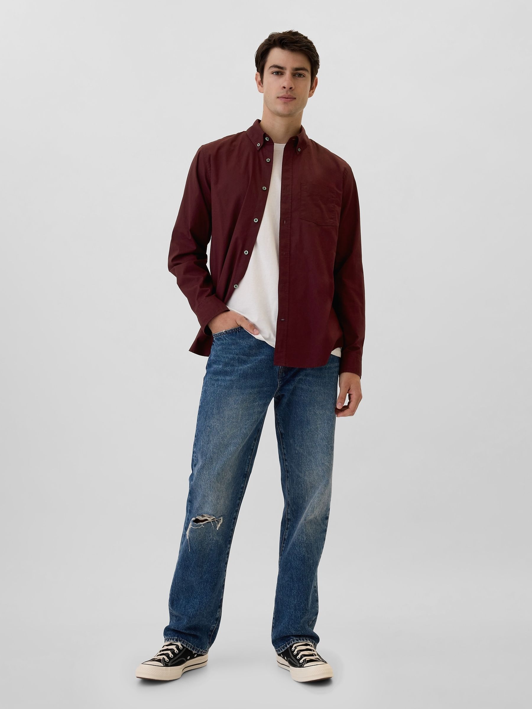 Burgundy Red Regular Fit Long Sleeve Poplin Shirt - Image 3 of 5
