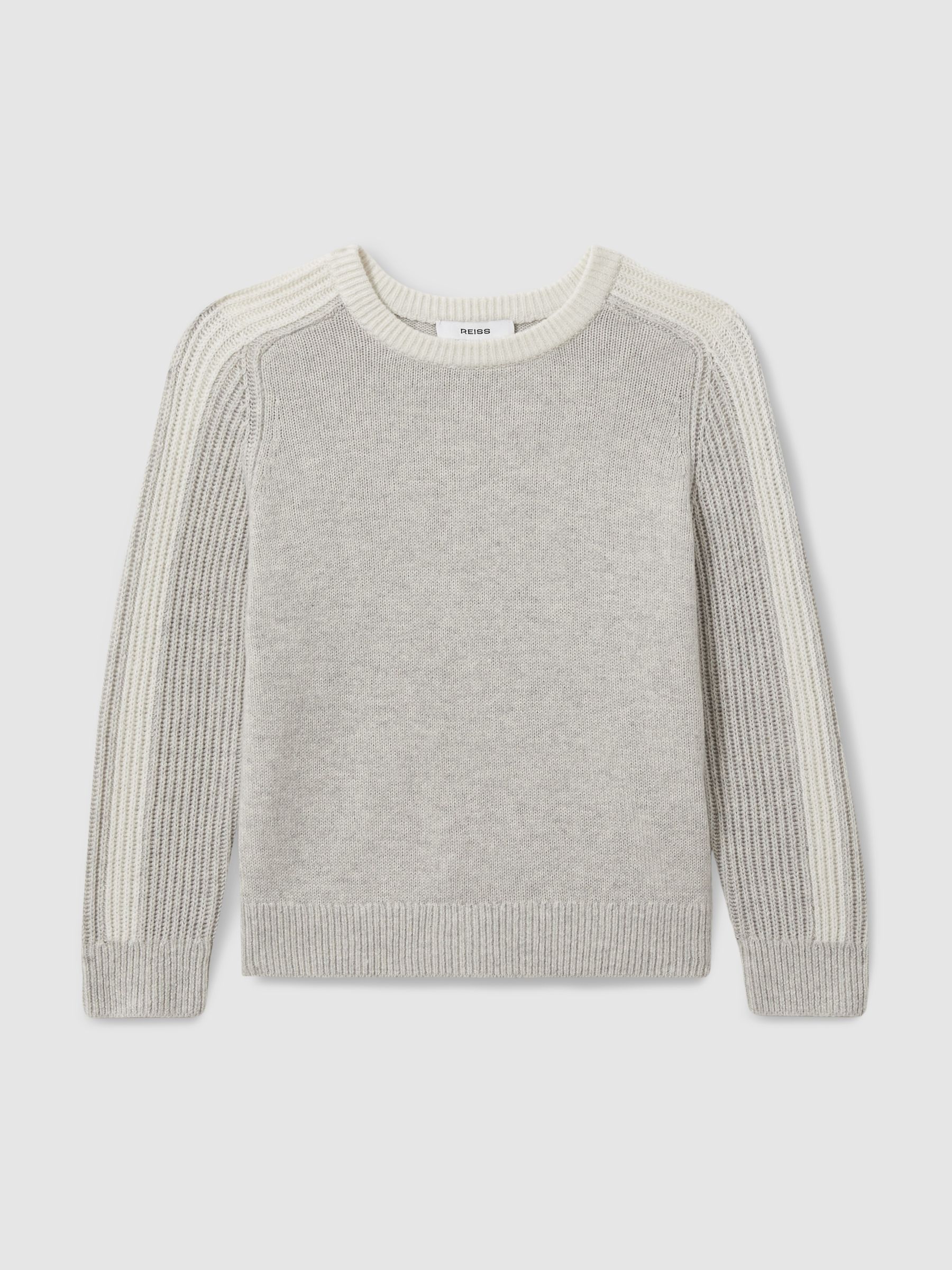 4-9 yrs Ribbed-Sleeve Jumper with Cotton and Wool in Grey/White - Image 2 of 4