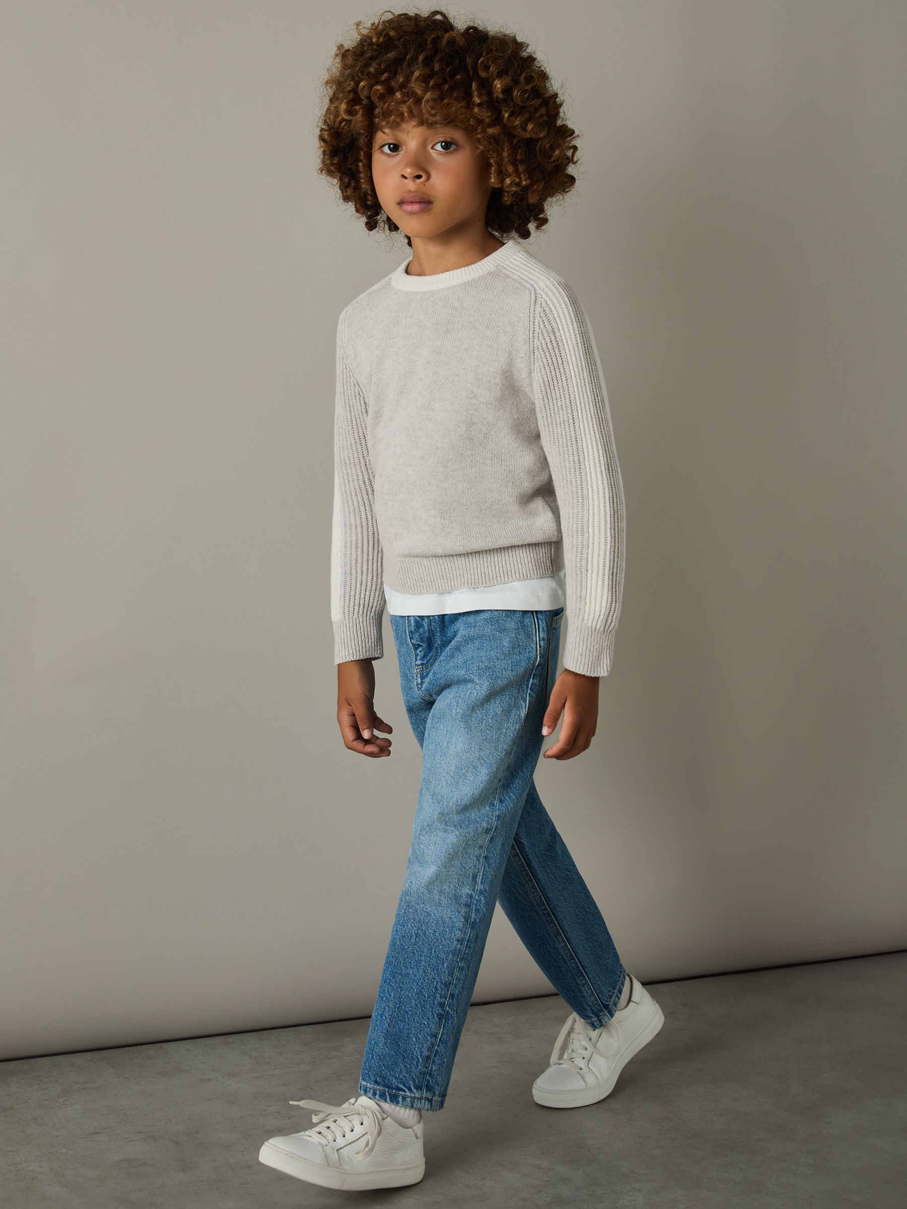 4-9 yrs Ribbed-Sleeve Jumper with Cotton and Wool in Grey/White - Image 3 of 4