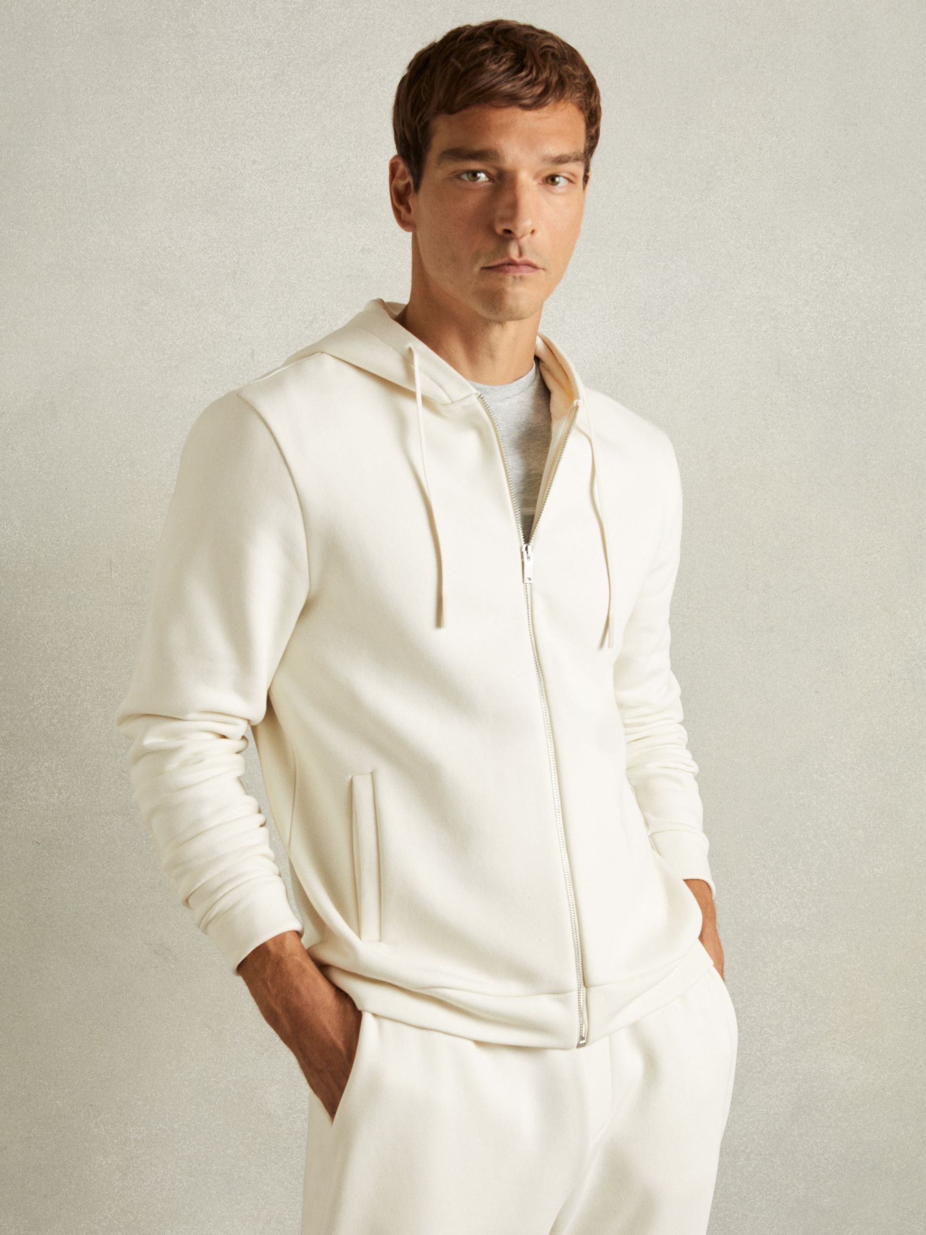Cotton-Blend Fleeceback-Jersey Zipped Hoodie in Off White - Image 1 of 5