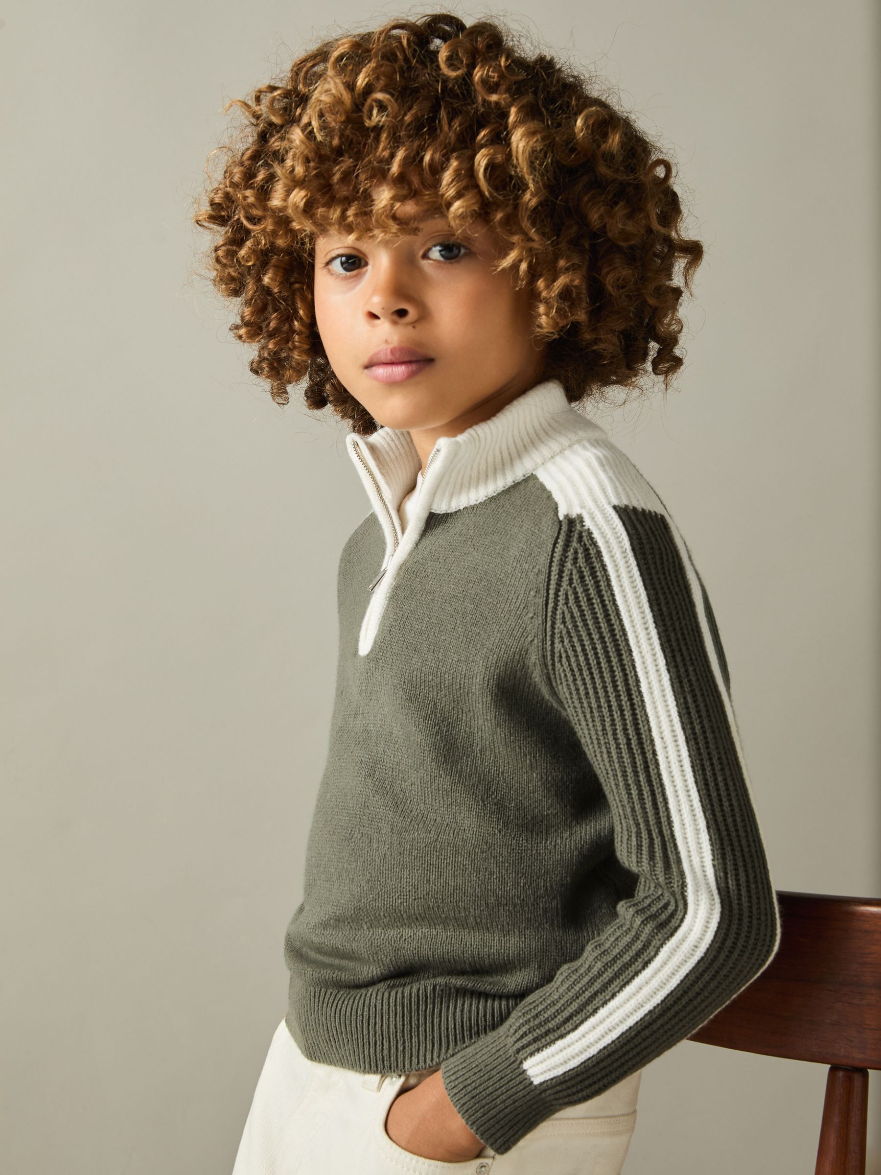 9-13 yrs Zipped Funnel-Neck Jumper with Wool and Cotton in Sage/White - Image 3 of 4