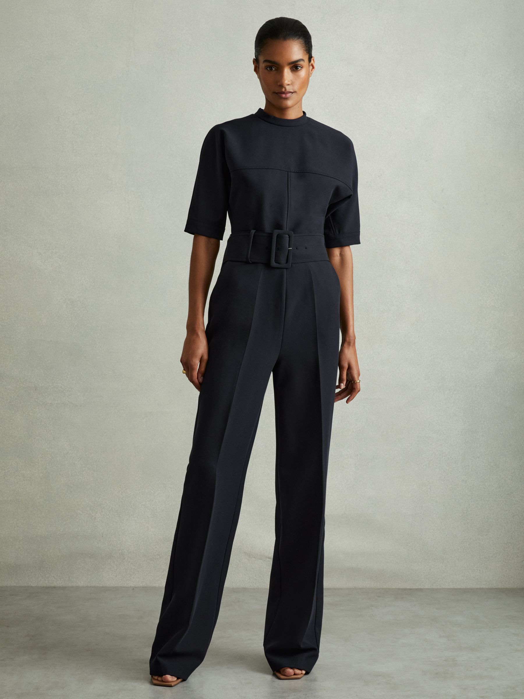 Wide Leg Belted Jumpsuit in Navy - Image 1 of 5