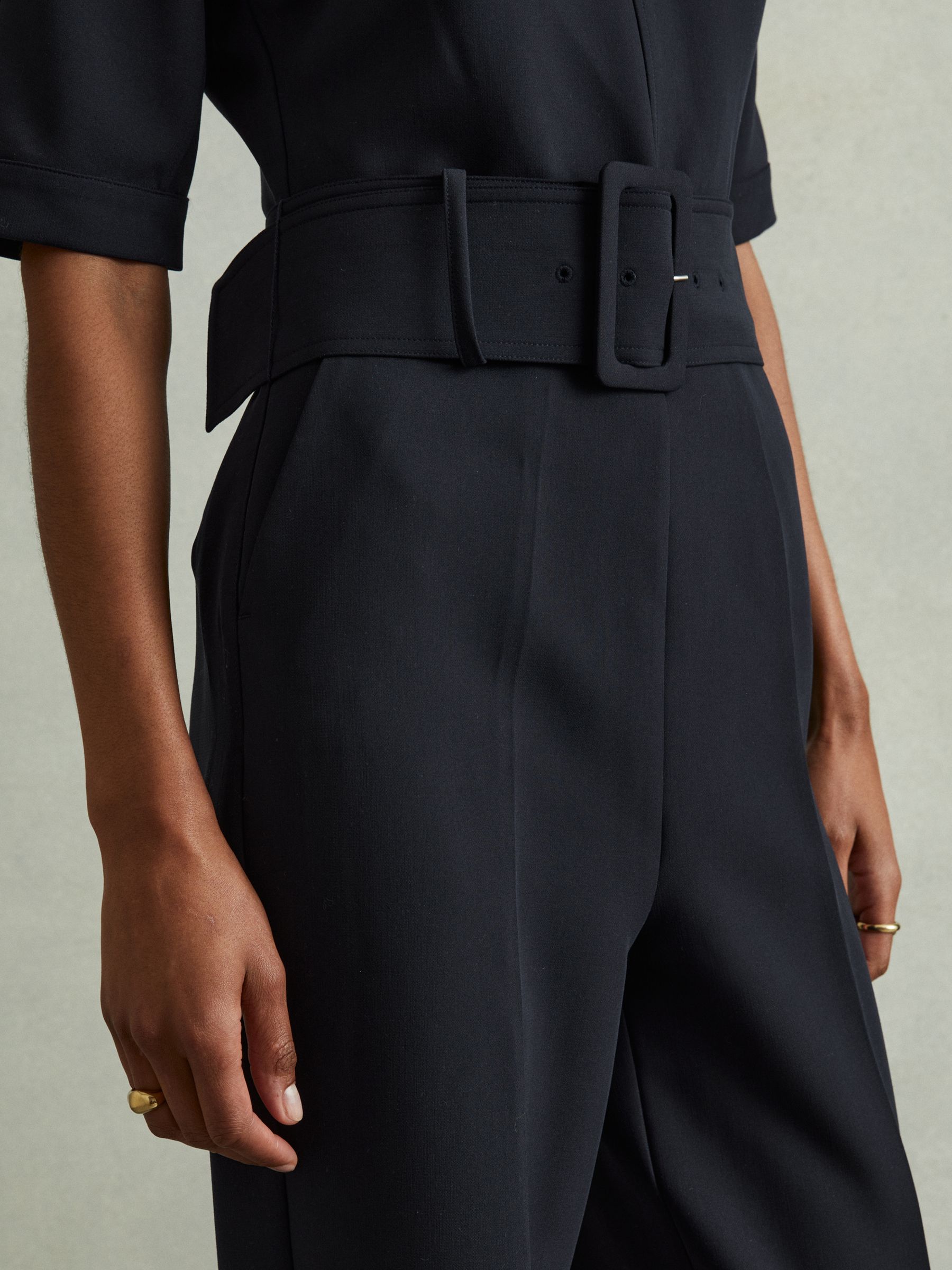 Wide Leg Belted Jumpsuit in Navy - Image 3 of 5