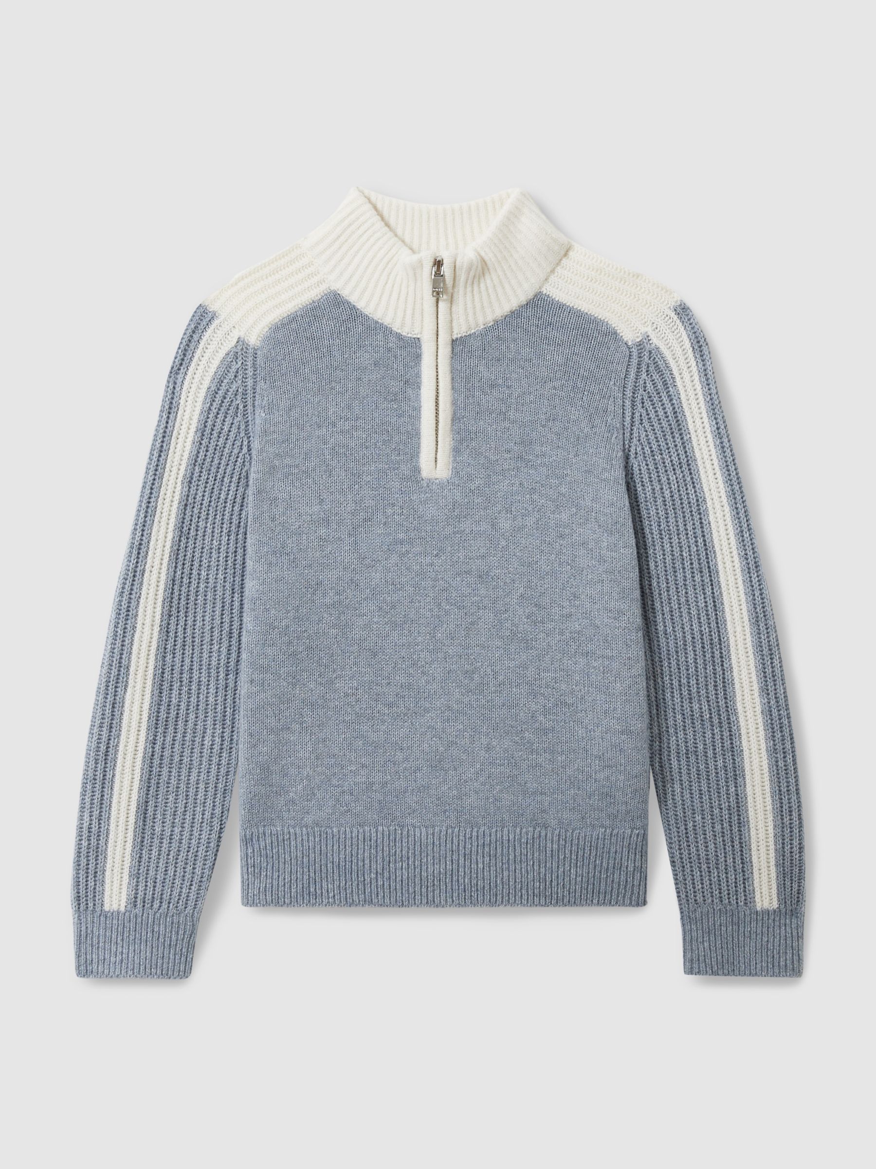 3-9 yrs Zipped Funnel-Neck Jumper with Wool and Cotton in Blue/White - Image 2 of 4
