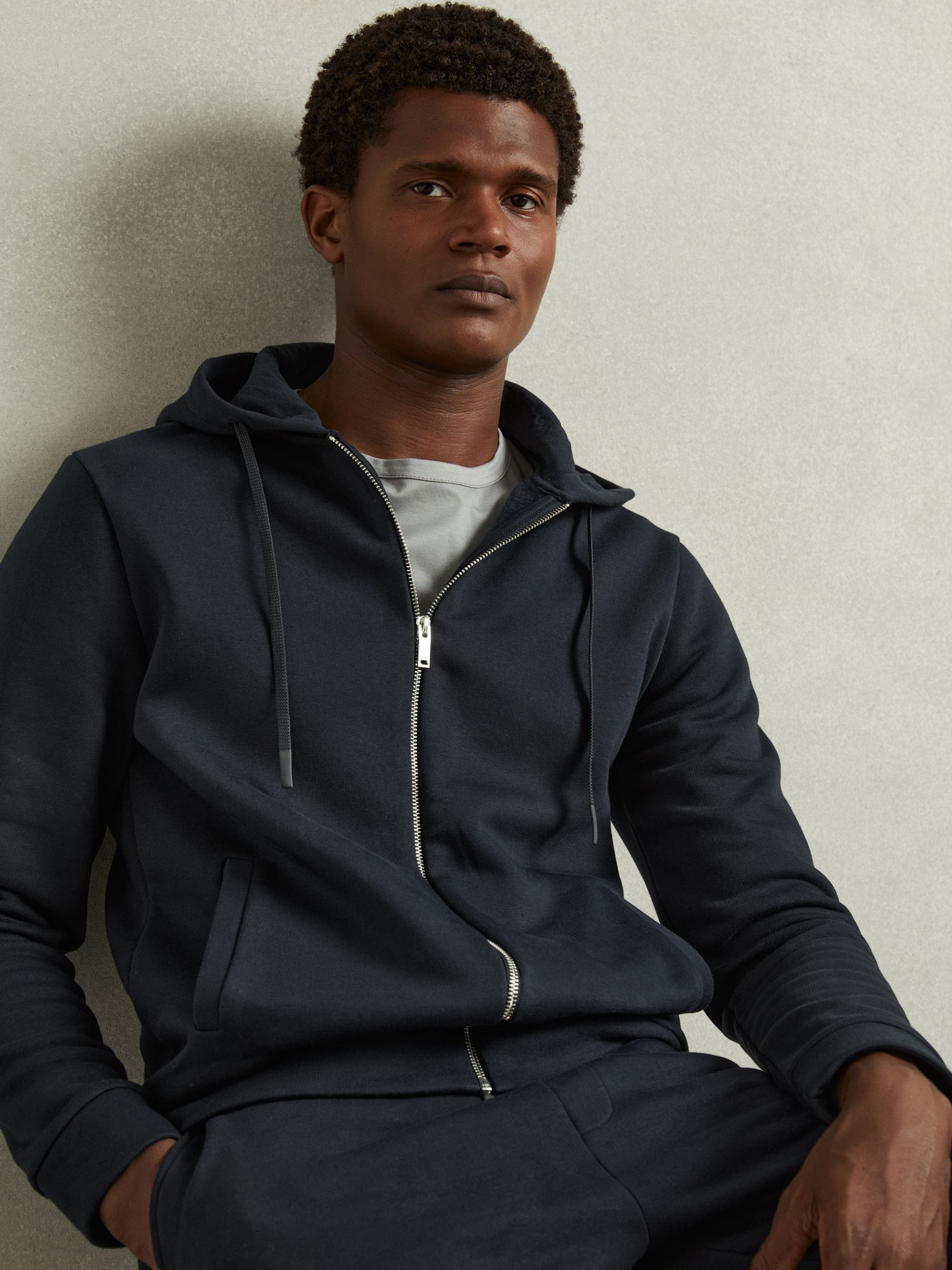 Cotton-Blend Fleeceback-Jersey Zipped Hoodie in Navy - Image 1 of 6
