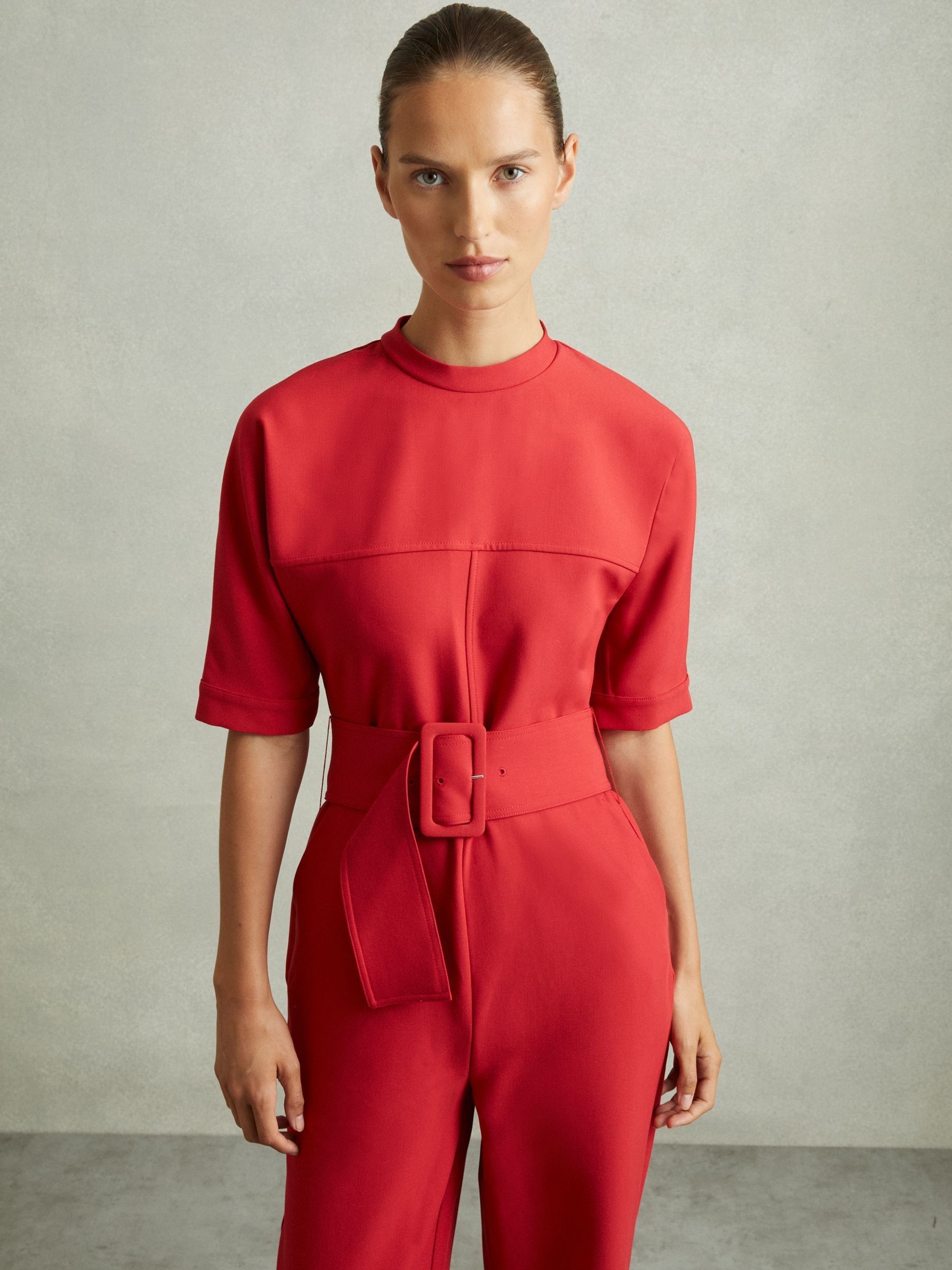 Wide Leg Belted Jumpsuit in Red - Image 4 of 7