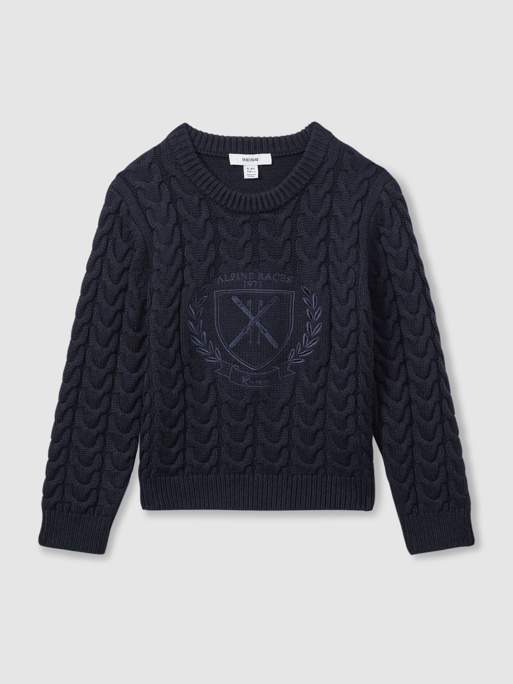 Logo-Embroidered Cabled Jumper with Cotton and Wool in Navy - Image 1 of 1