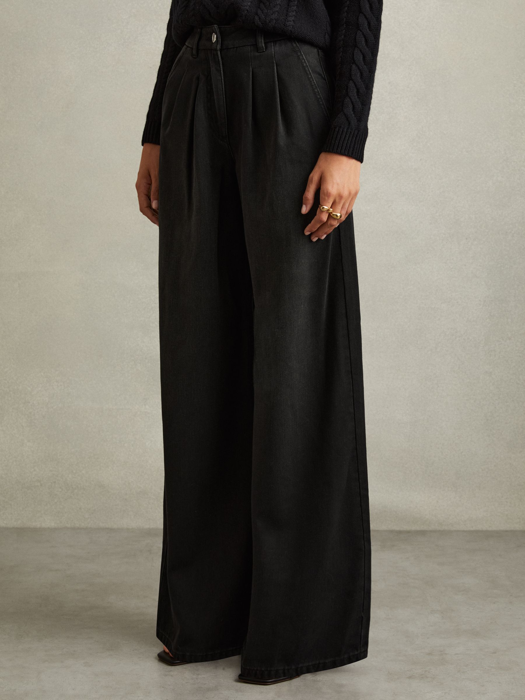 Petite Double Pleat Wide Leg Jeans in Black - Image 1 of 7