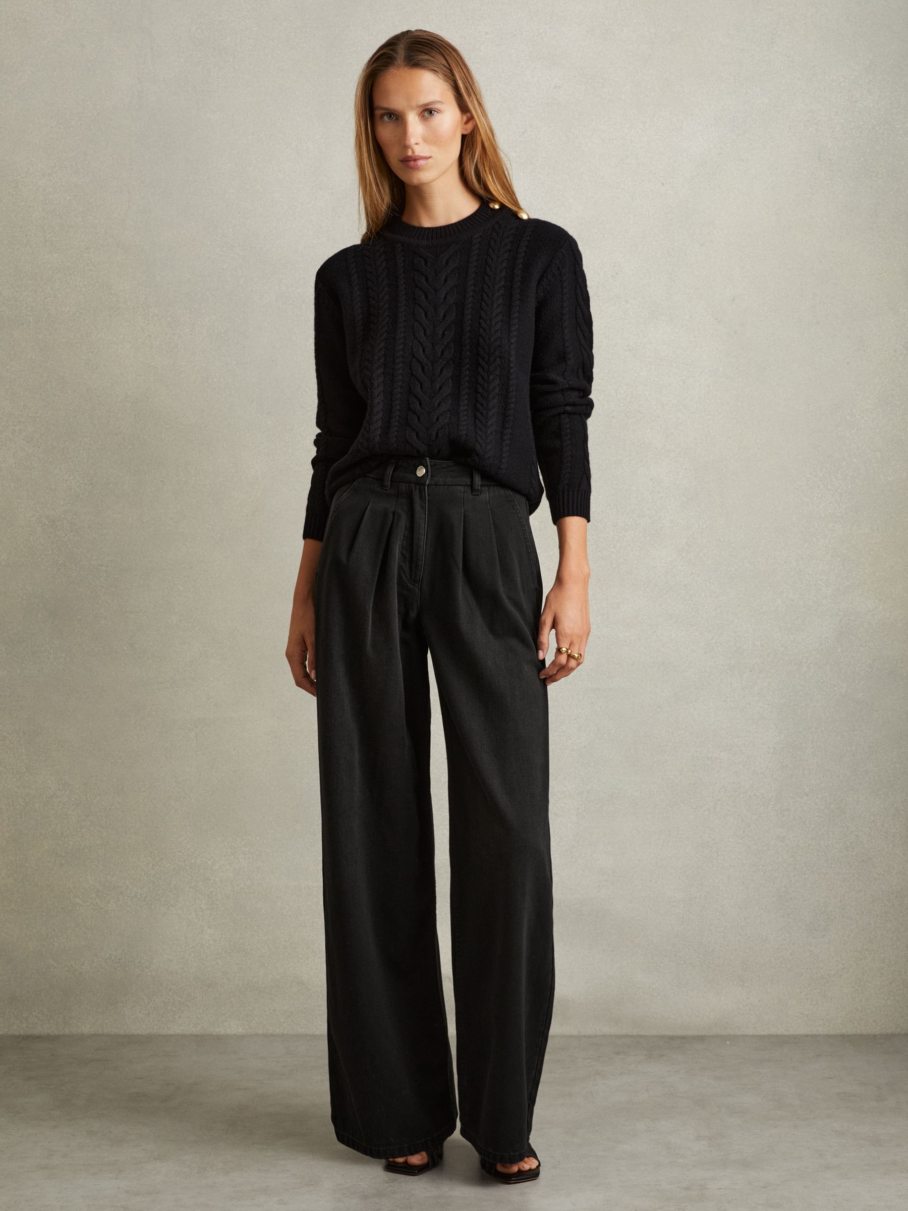 Petite Double Pleat Wide Leg Jeans in Black - Image 3 of 7