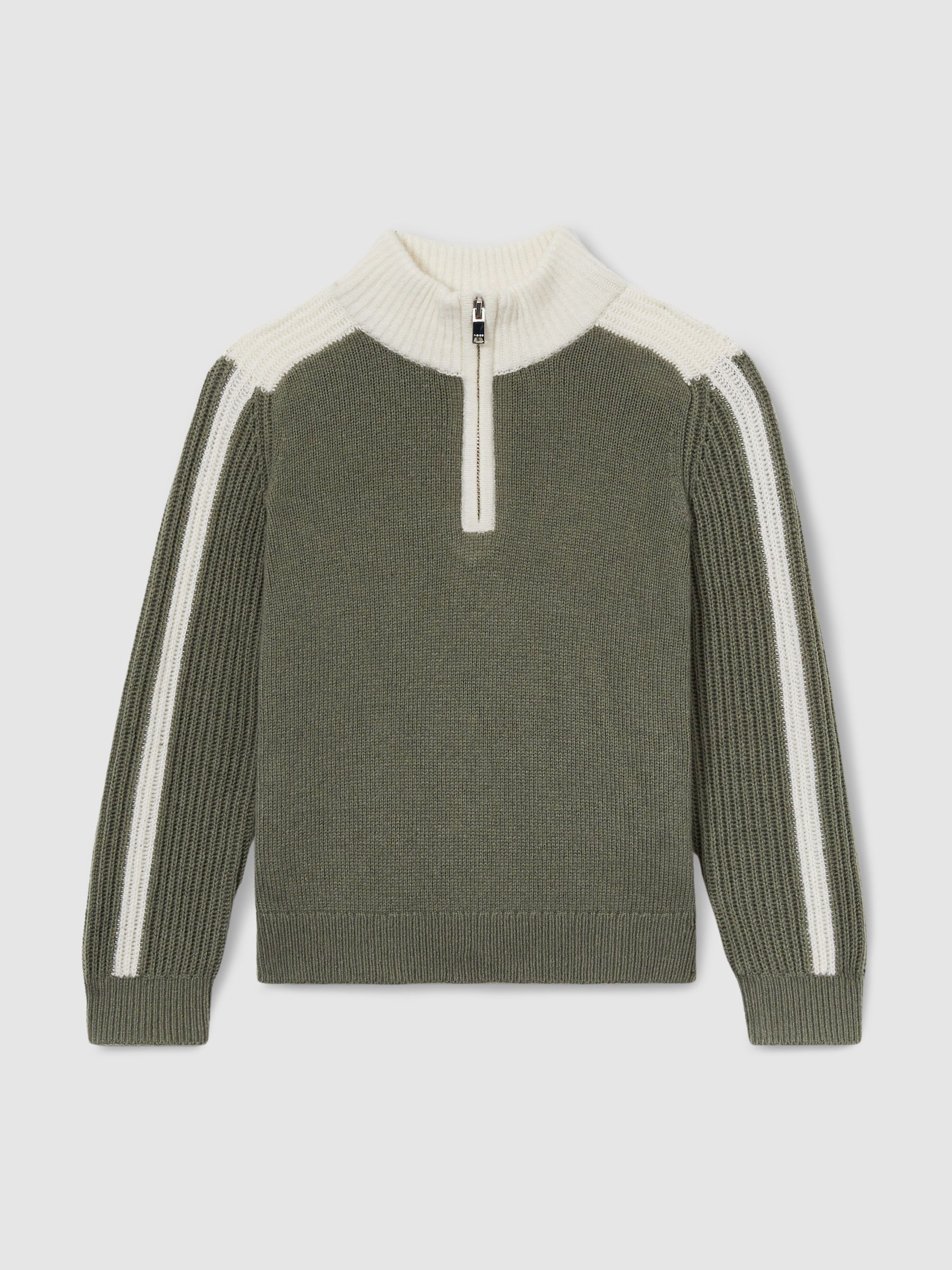3-9 yrs Zipped Funnel-Neck Jumper with Wool and Cotton in Sage/White - Image 1 of 1
